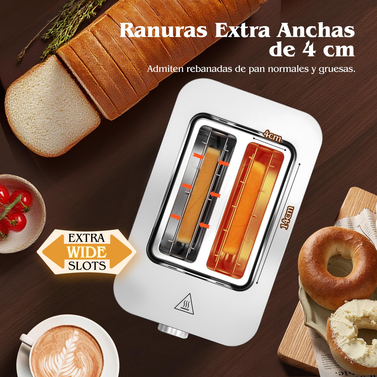Aigostar Tostadora, 2 Rebanadas, Pantalla LED Táctil, Ranura Extra Ancha de 4 cm, Centrado Automático, 6 Niveles de Tostado, Funciones de Recalentar, Descongelar y Parada, Acero Inoxidable, 850W