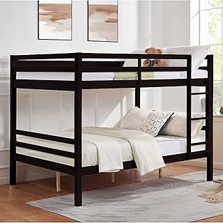 FLEXISPOT Full Over Full Solid Wood Bunk Bed with Thick Posts,Wooden Bunk Bed with High Guardrail and Ladder for Kids, Teens, Dorm Rooms, and Guest Rooms,No Box Spring Needed, Espresso