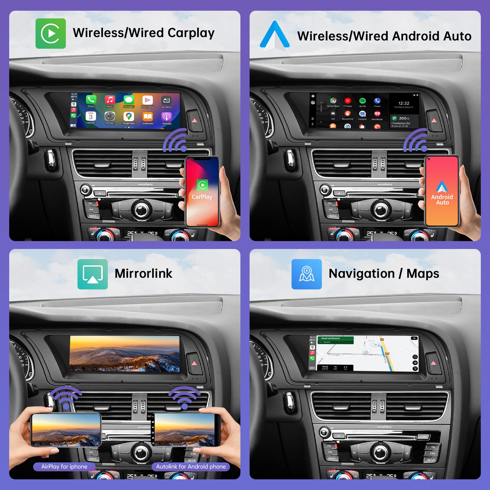 Road Top Radio de Coche Pantalla Táctil 8,9 Pulgadas Inalámbrica CarPlay Android Auto para Audi A4 2009-2015