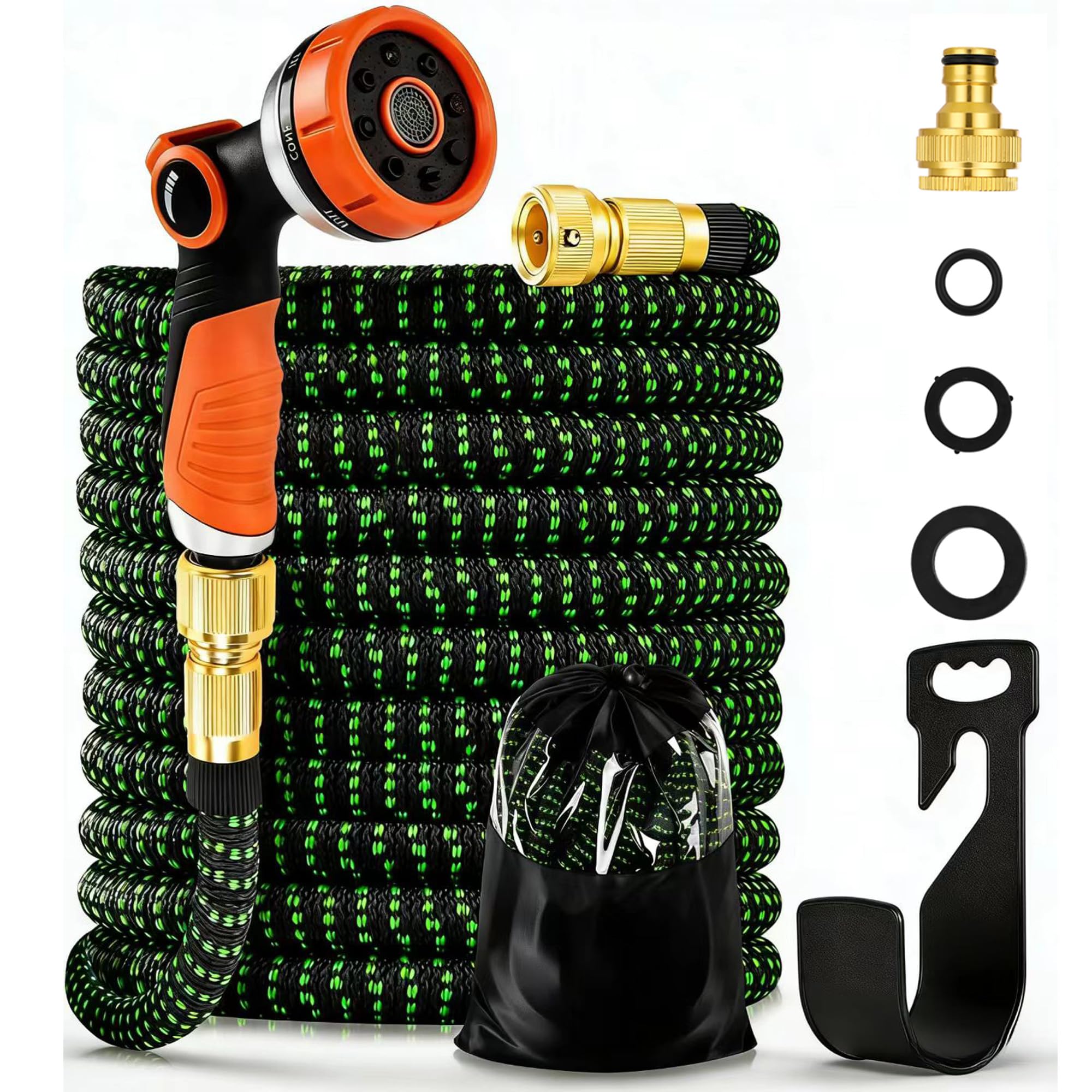 Ttforyuhoze Black Green Expandable Garden Hose 75Ft Expanding Water Hose With 8 Function Nozzle, 3 Layer Latex, 3/4" &1/2'' Fitting Connectors, Easy Storage Garden Water Hose For Pet & Car Washing, Watering Lawn And Garden