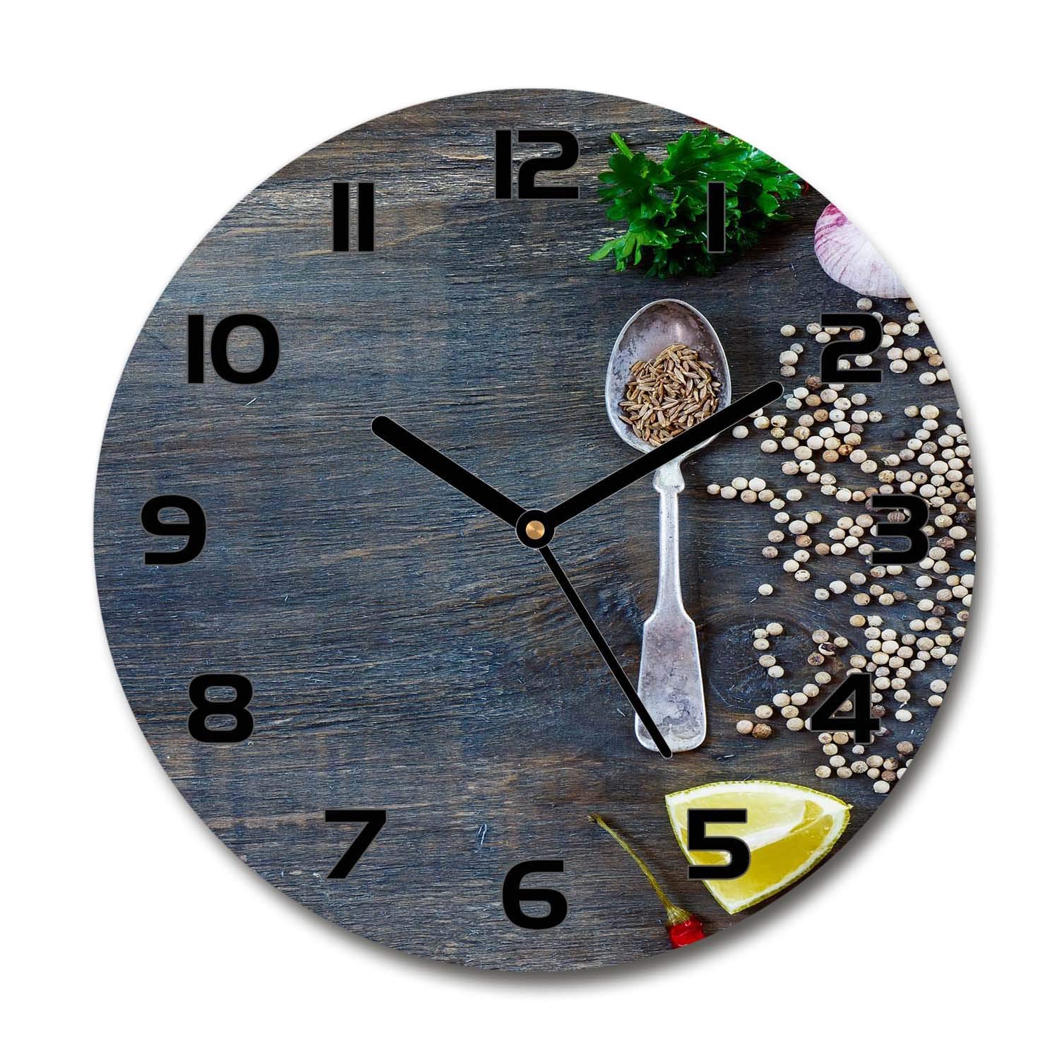 Horloge en verre rond 30cm Tulup - Cadran silencieux avec motif épices et herbes pour cuisine