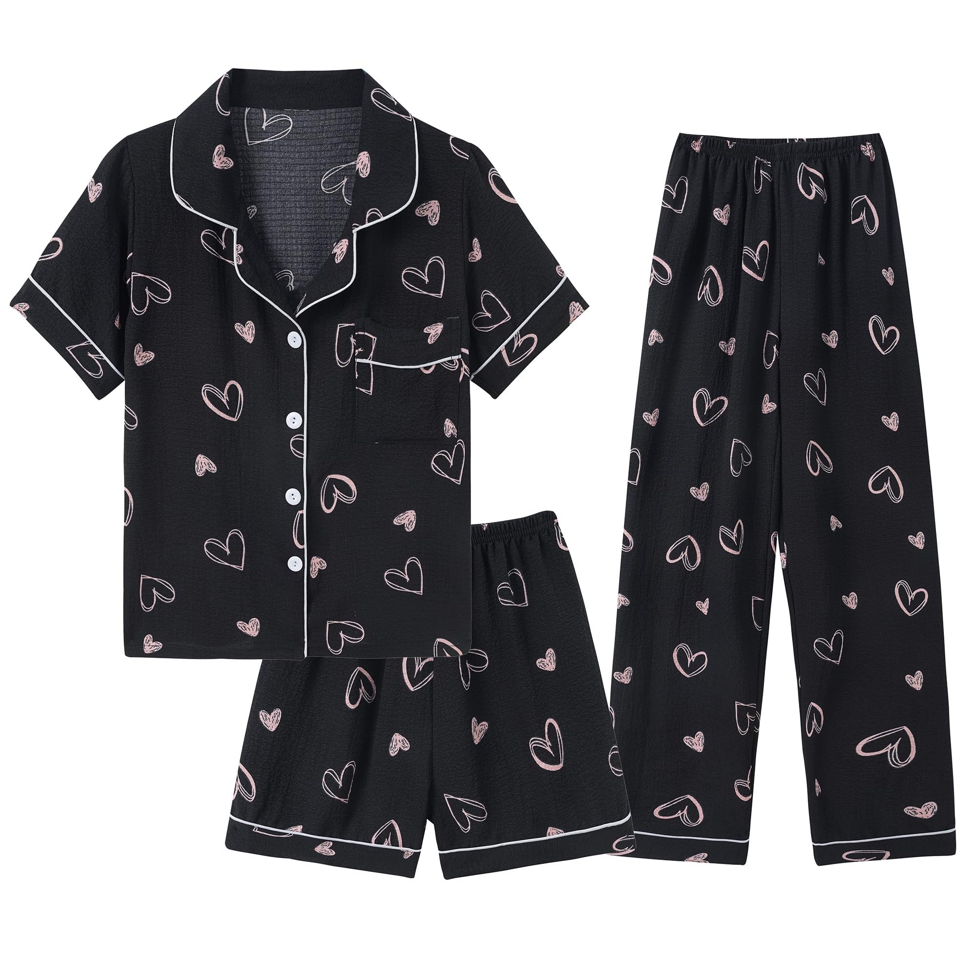 Hupohoi Big Girls Button Down Pajama Set 3pcs Crepe Fabric Sleepwear Nighty