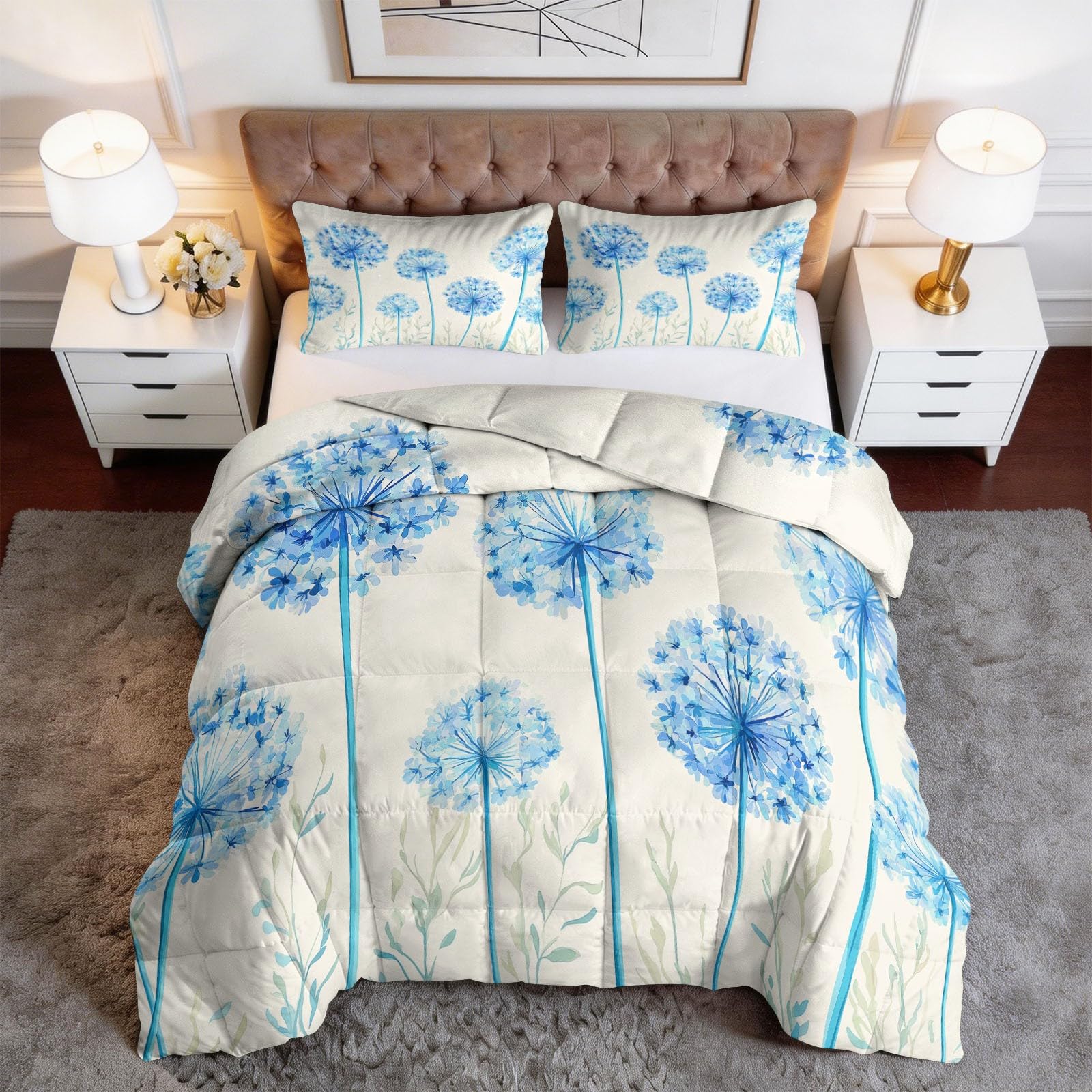 Edredón de 135 x 200 cm, diseño de plantas y flores, estampado 3D, color azul claro, para las 4 estaciones, edredón para todo el año, lavable, para niños y niños