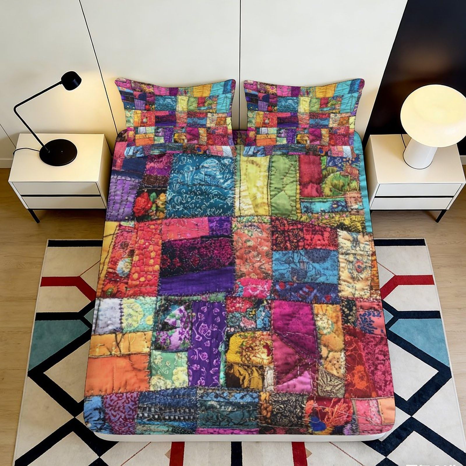 3D Printed Patchwork Colorful Fitted Sheet Microfiber Soft Abstract Mosaic Mattress Cover for Bedroom Guest Room Decor 90x200x25cm