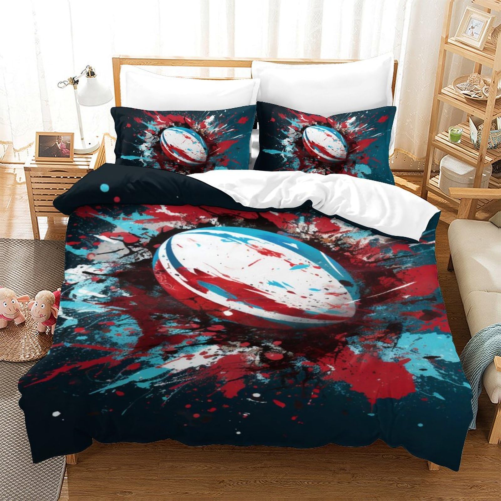 AAIRRA Rugby 3D Printed Graffiti Rugby Quilt Cover Duvet Cover for Boys Girls Comforter Covers Soft Microfiber with Zipper Closure with Pillow Cases Bedding Set 2 Pieces Single（140x200cm）