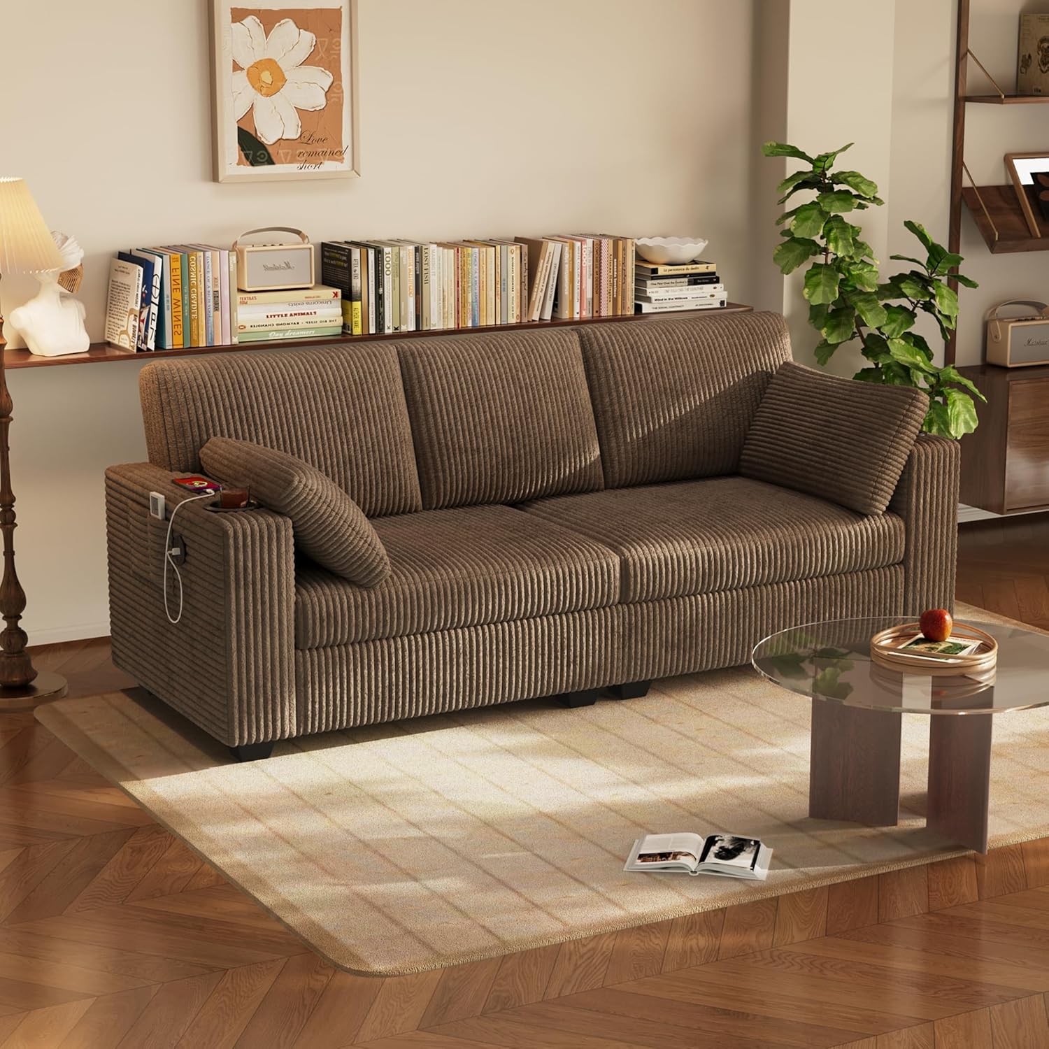 Wrofly 80'' Couches for Living Room, Corduroy Cloud Couch Sofa with Cup Holders & USB, 2 Pillows, Comfy 3 Seater Sofas, Modern loveseat Couch for Small Space,Apartment,Bedroom, Light Brown