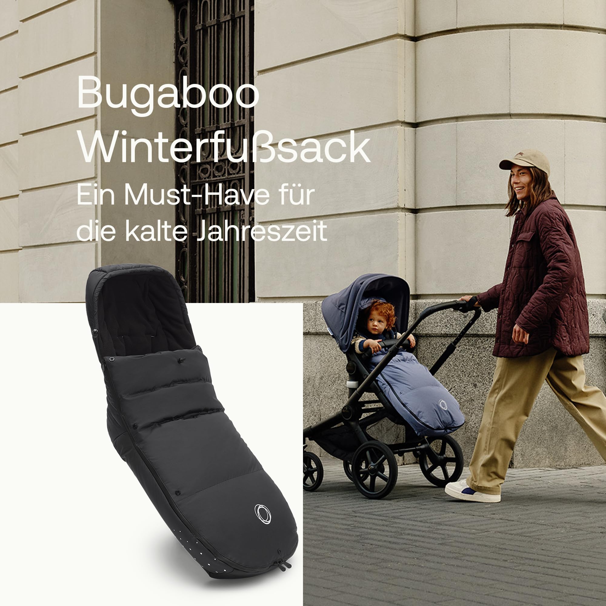 Bugaboo Performance Winter Fußsack für die kalte Jahreszeit, unverzichtbares Kinderwagen-Zubehör mit Kapuze und Zwei-Wege-Reißverschluss, Fußwärmer in Midnight Black