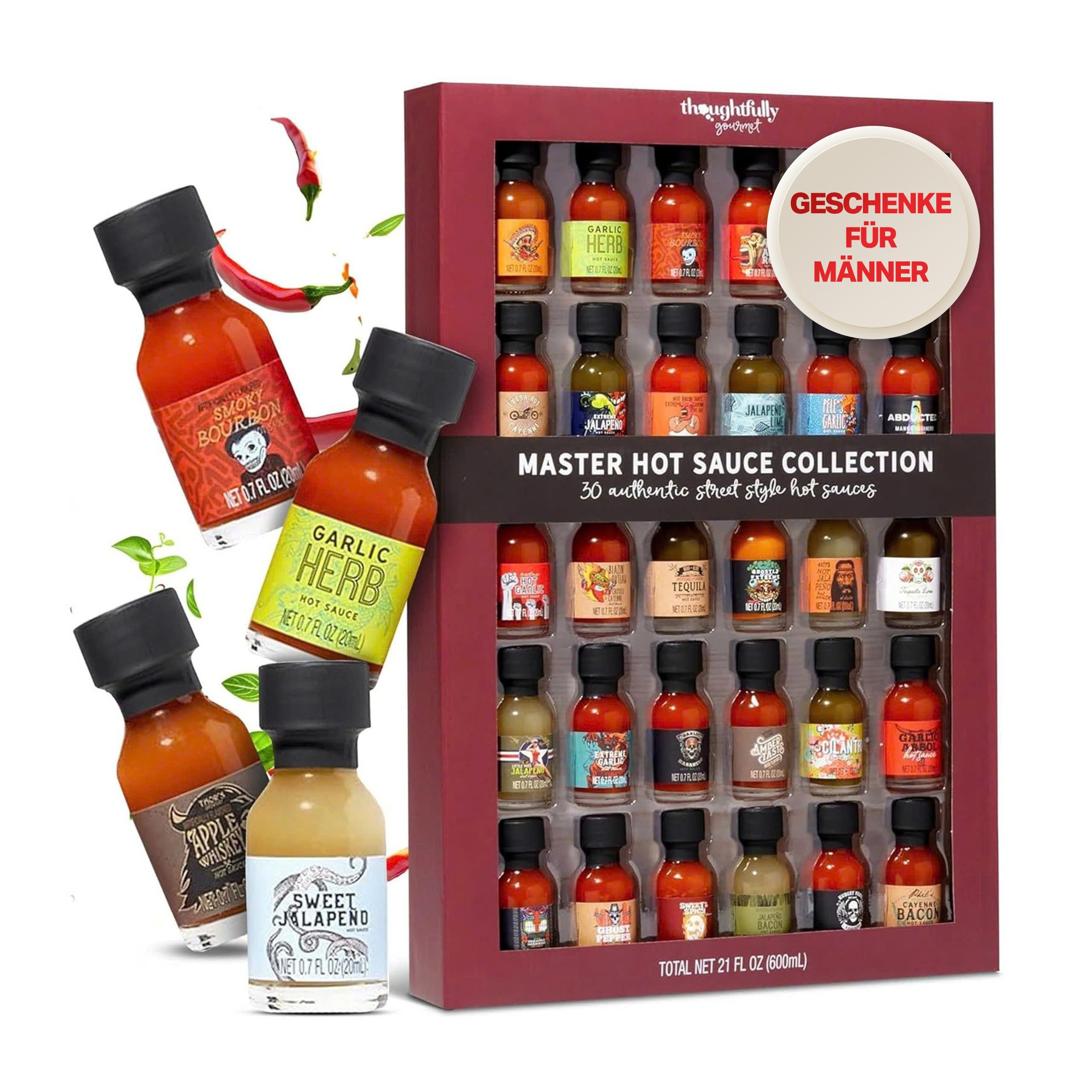 Geschenkset mit 30 scharfen Soßen – Chili Saucen Probierset 20 ml
