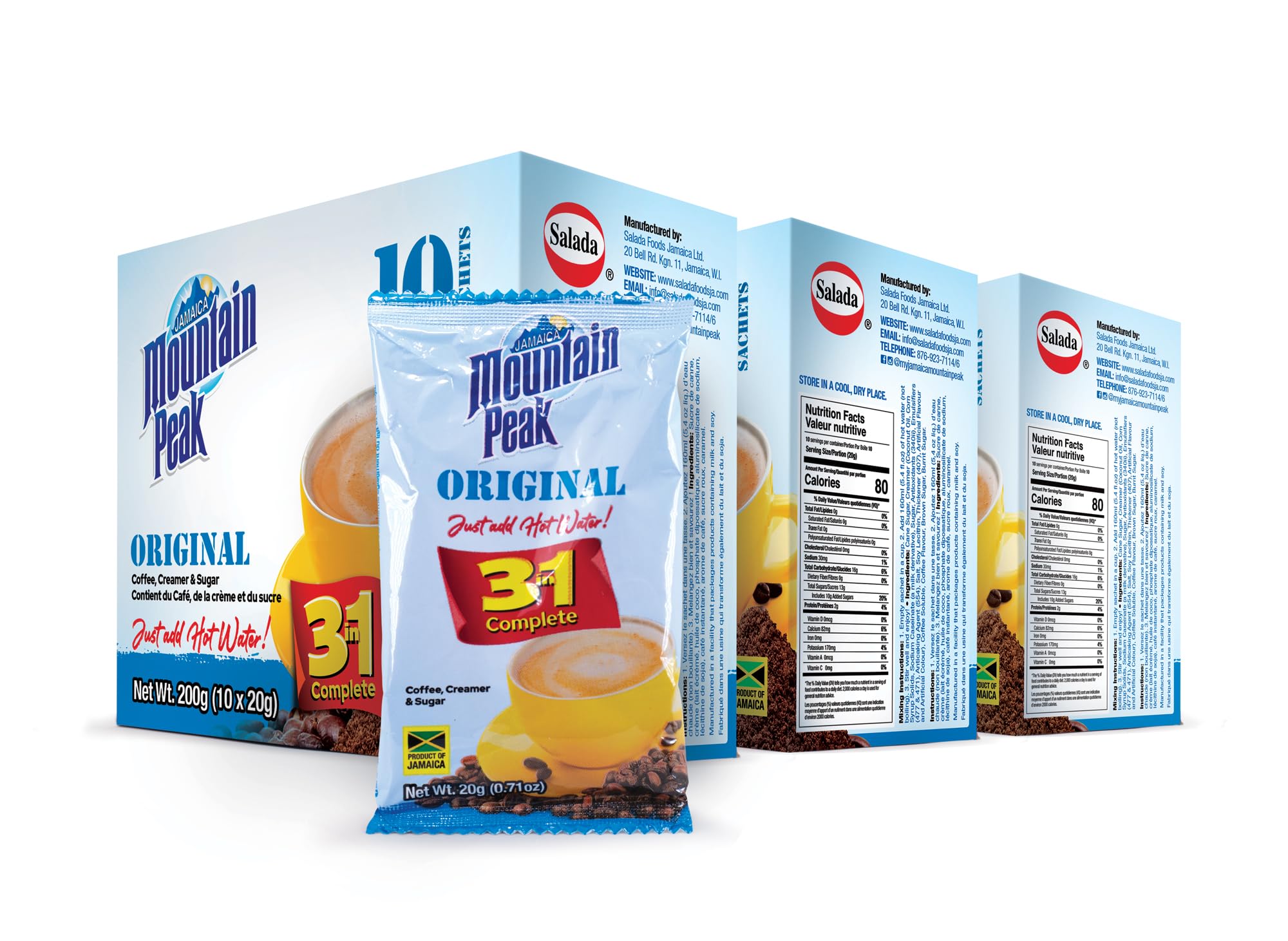 Jamaica Mountain Peak Original 3 in 1 Instant Coffee Mix, Coffee Creamer and Sugar (30 Sachets x 20g), Classic Smooth Flavor, Rich and Creamy, Just Add Water