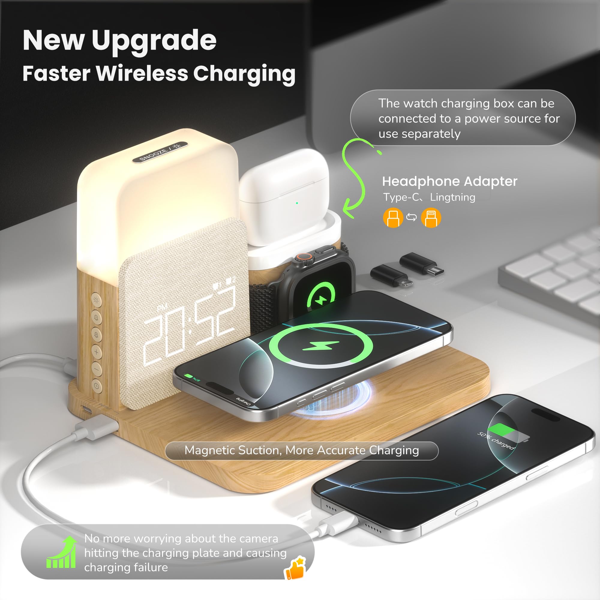 COLSUR Stacja ładująca 3 w 1 do Apple Watch iPhone Airpods, 15 W, szybka bezprzewodowa ładowarka do iPhone 17/16/15/14/13, lampka nocna z funkcją ładowania, budzik ze stacją ładującą, akcesoria do