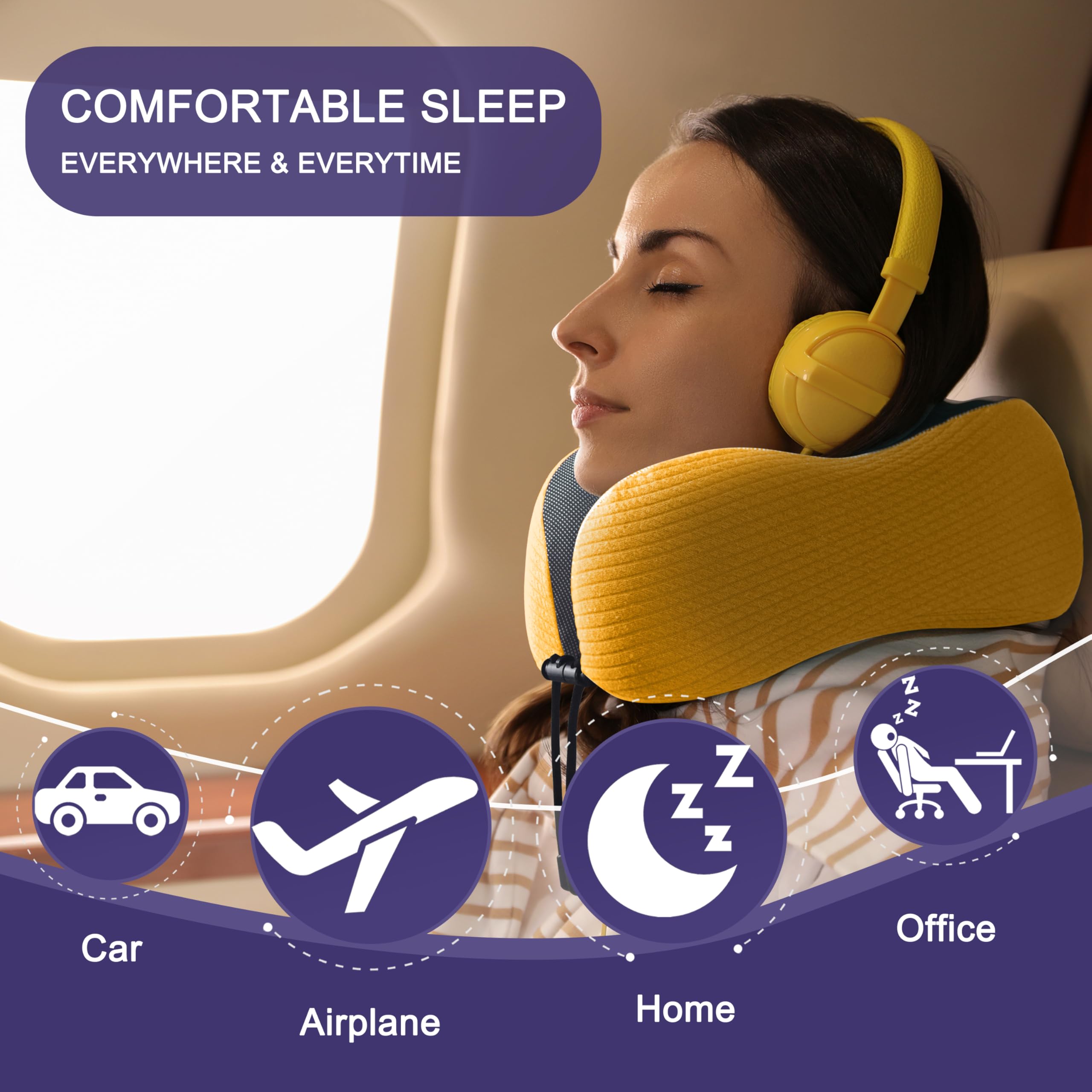 napfun Neck Pillow for Travel, Memory Foam Airplane Pillow, Yellow view 6