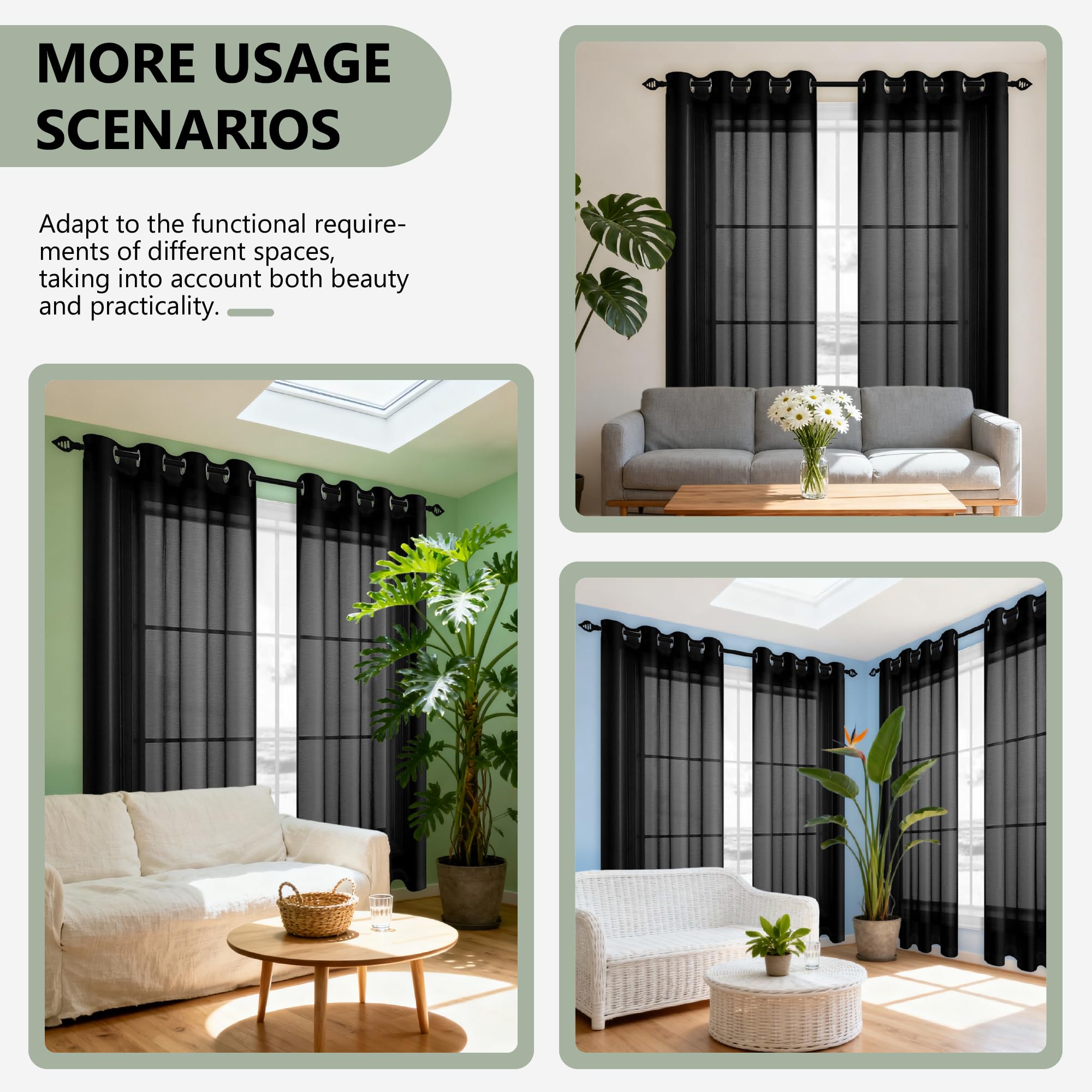 Tende Trasparenti Voile 150 x 300 cm Filtranti Luce Eleganti Tenda Semitrasparenti Interni Moderne per Finestre Camera da Letto Soggiorno Casa Moderna, Nero