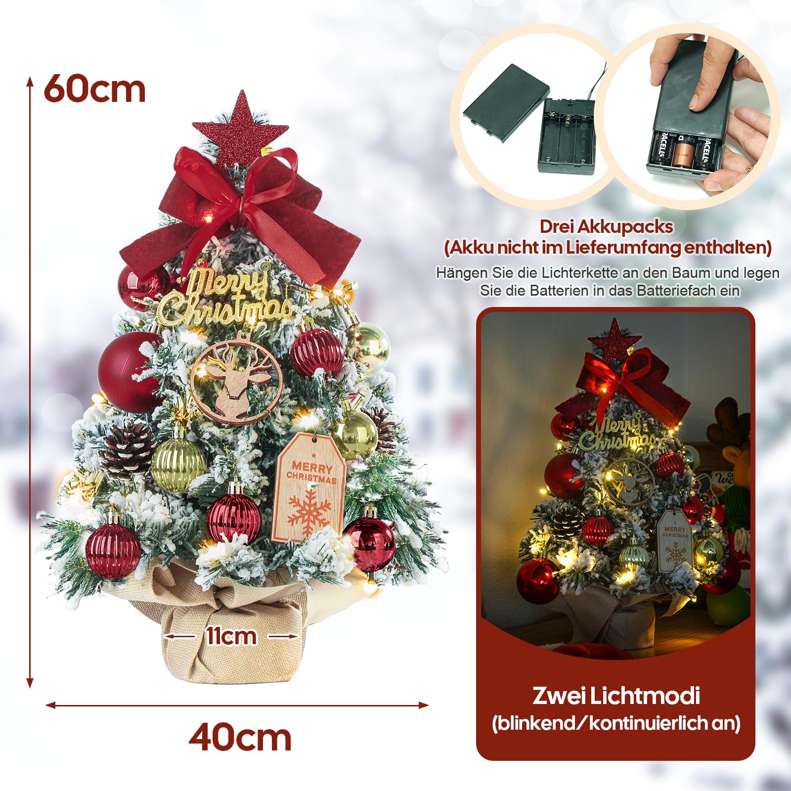 Dewur Mini Weihnachtsbaum Kleiner Beleuchtung LED Tisch künstlich geschmückt für Weihnachten Deko (40cm Rot mit Gold)