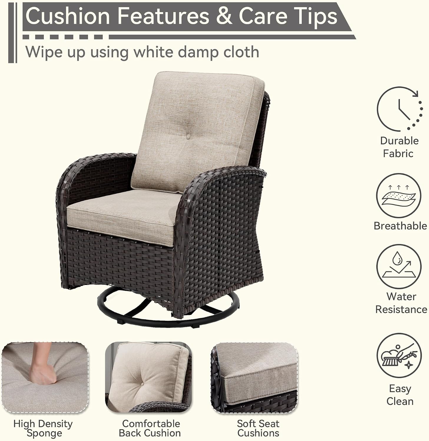 Patio Swivel Glider Wicker Chairs - Outdoor Rocking Chairs Set of 2 with Wicker Side Table, 3 Piece Patio Furniture Sets for Porch Deck (Brown/Beige)