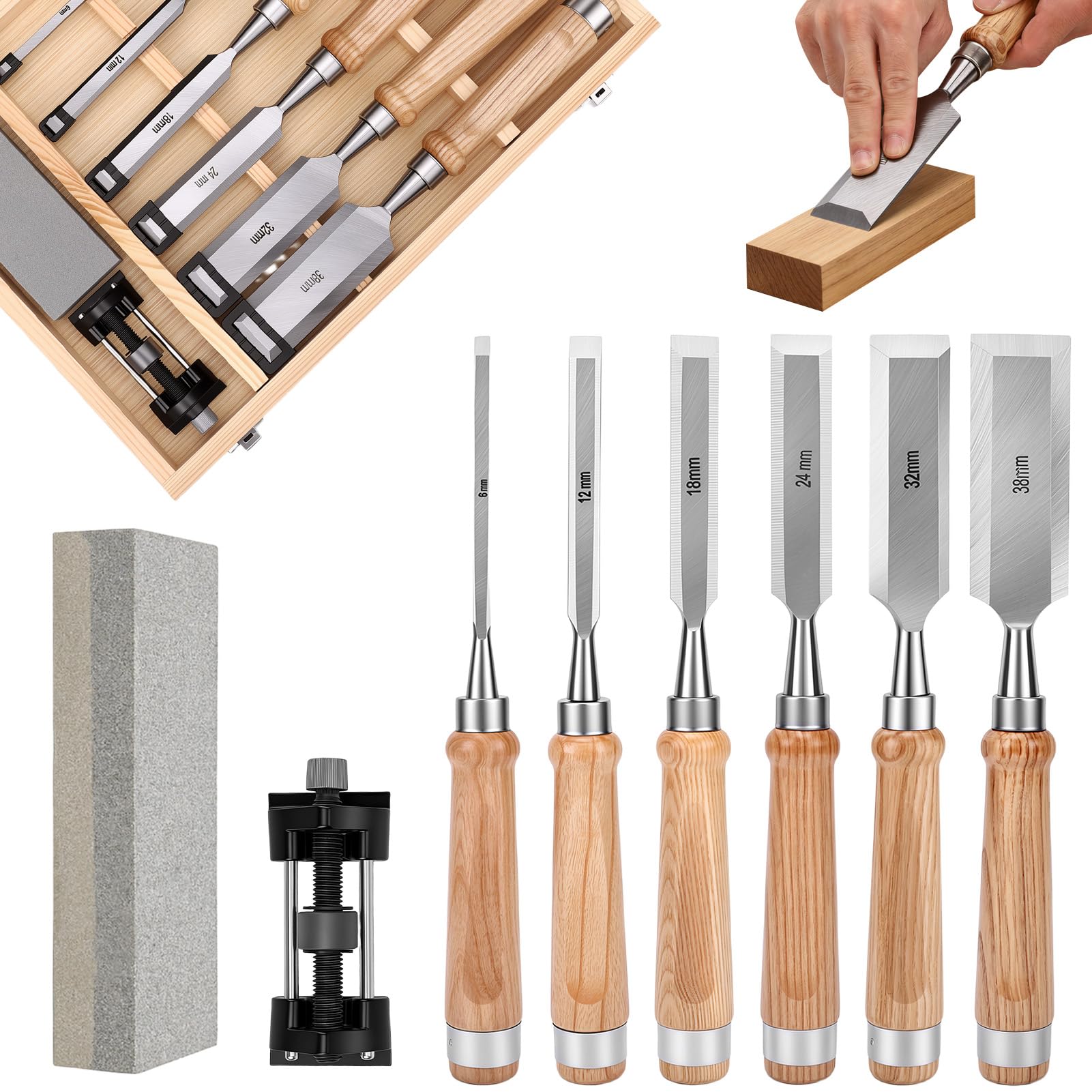 Juego de Formones para Madera Profesional, 6 Cinceles de Carpintería (6-38mm) con Mango de Madera, Piedra de Afilar, Guía y Caja de Almacenamiento | Herramientas para Tallar y Bricolaje