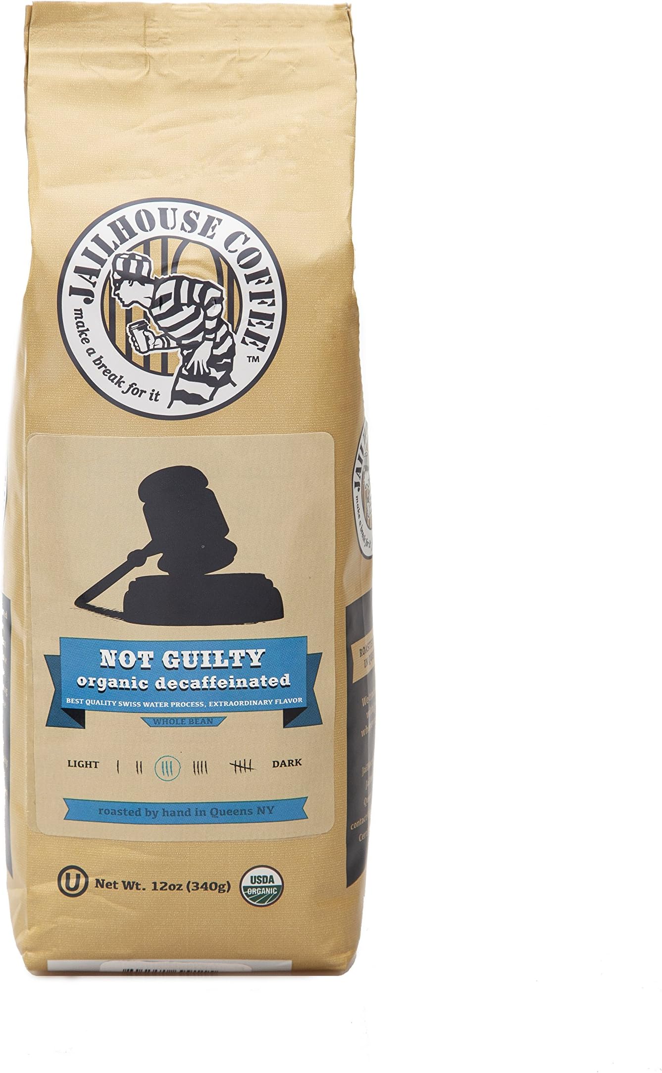 Jailhouse Coffee Organic Swiss Water Decaf Whole Bean, 12 oz, Medium Roast, Chemical-free Decaffeinated Process