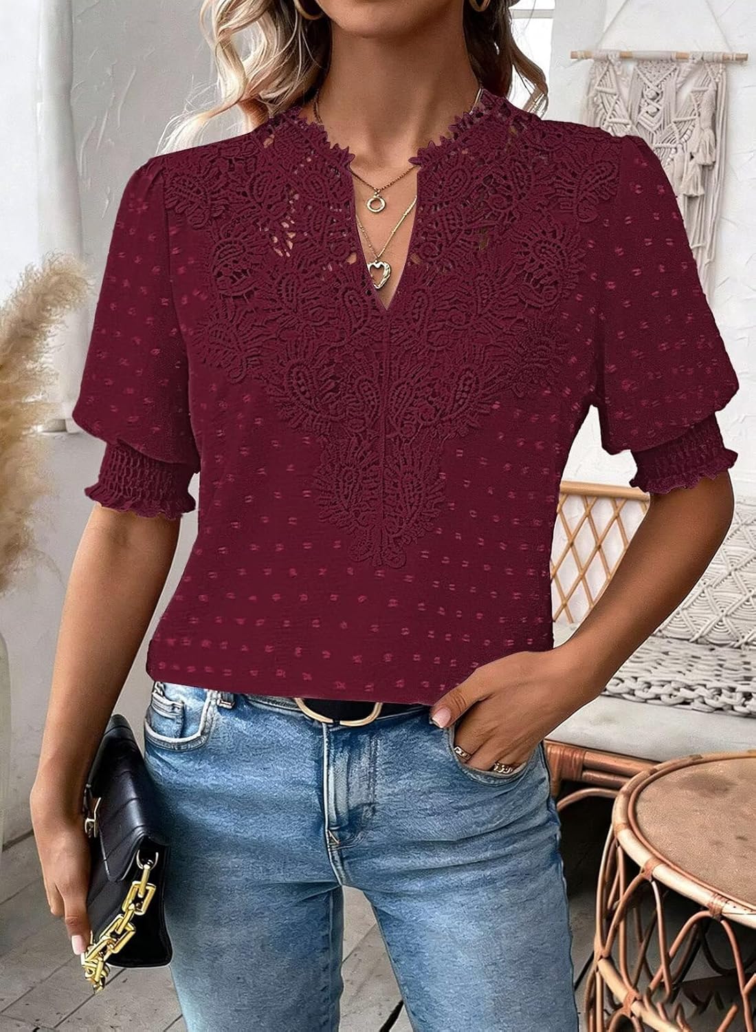 Womens Summer Tops Boho Short Sleeve Shirts V Neck Casual Chiffon Blouses Flowy Lace Hem Spring Clothing Trendy 2025 - Image 2