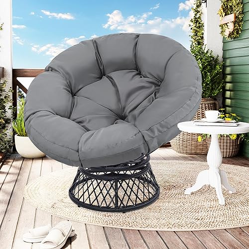 Miniatura 5 de Silla Papasan de ratán gigante de 46 pulgadas con cojín y marco para adultos, giratoria fluida de 360, impermeable, marco negro con cojín gris oscuro