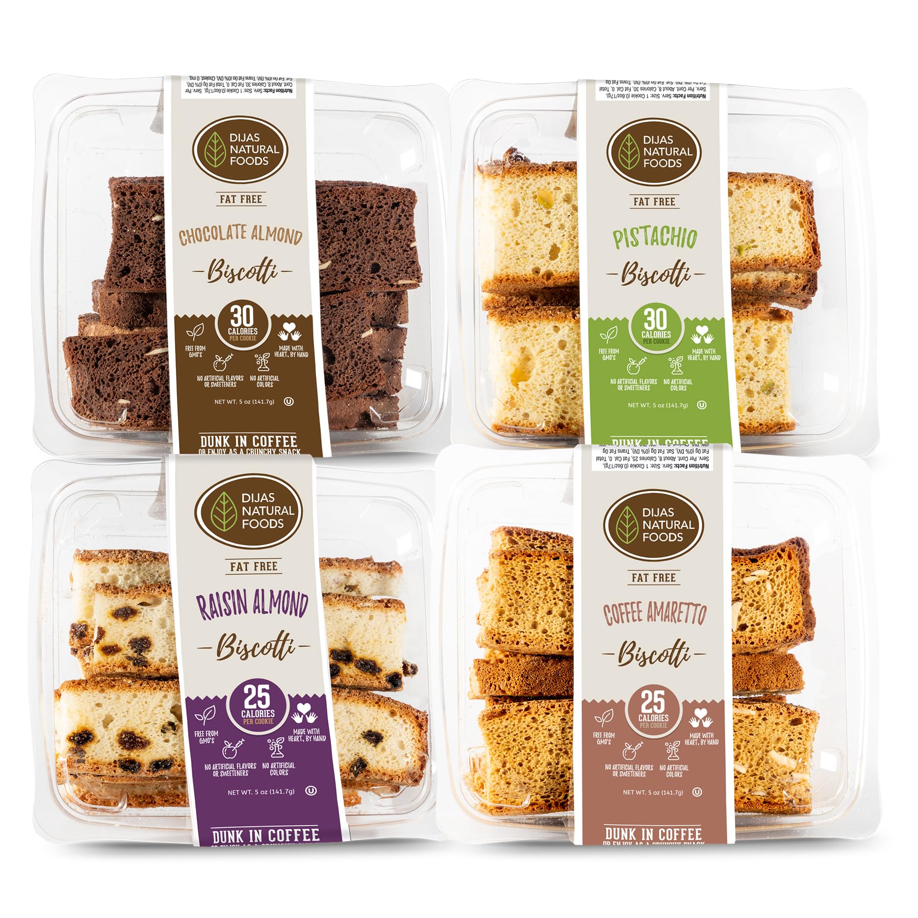 DIJAS Natural Foods, Crunchy Fat Free Biscotti Cookie, Variety Pack, All Natural Preservative Free Ingredients, Delicious Low Calorie Snack (4 Pack, Nut Variety)