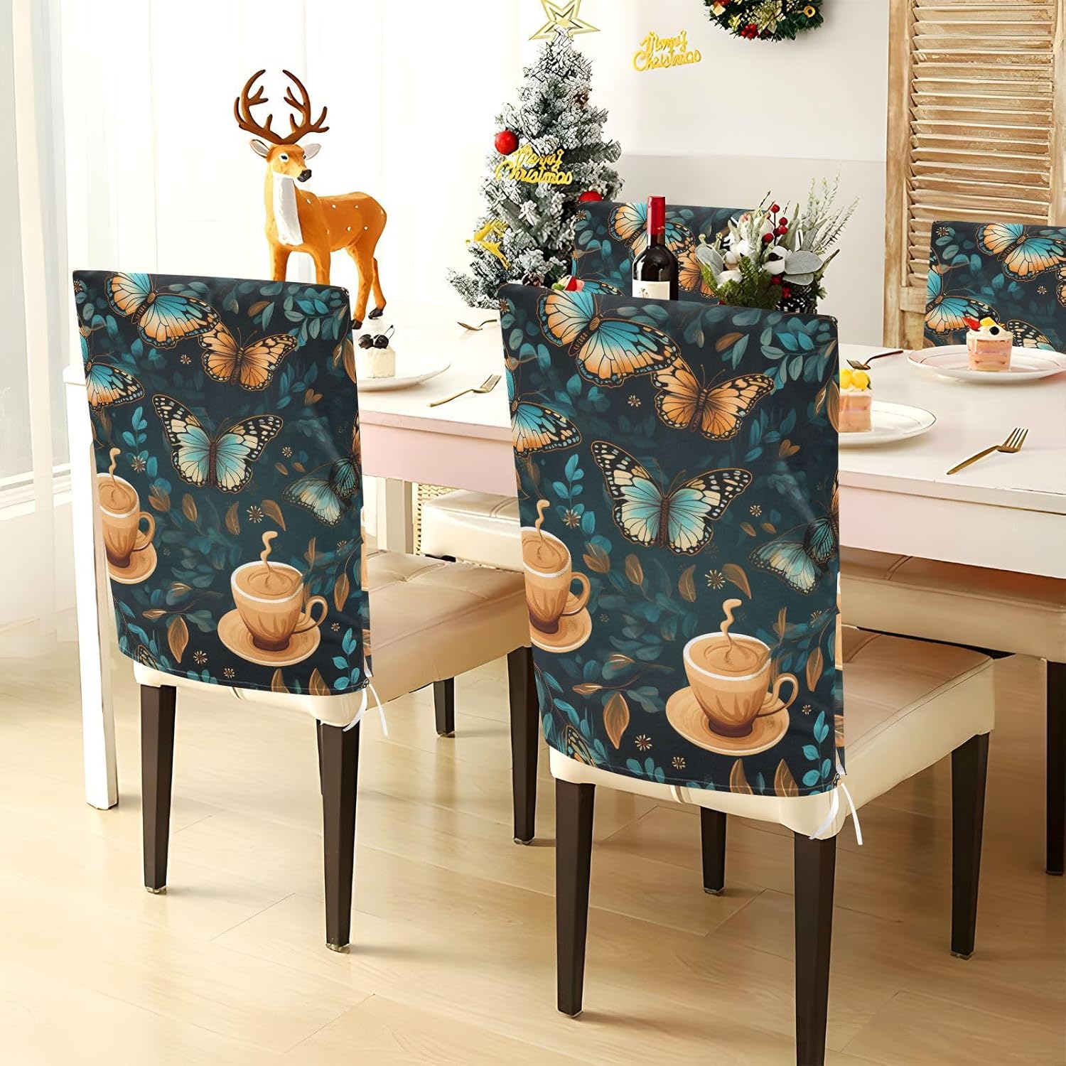 ALAZA Butterflies Coffee Cups Leaves Chair Back Cover Set of 6, Washable Reusable Removable Chair Slipcovers Decorative Chair Cover for Home Kitchen Wedding Party