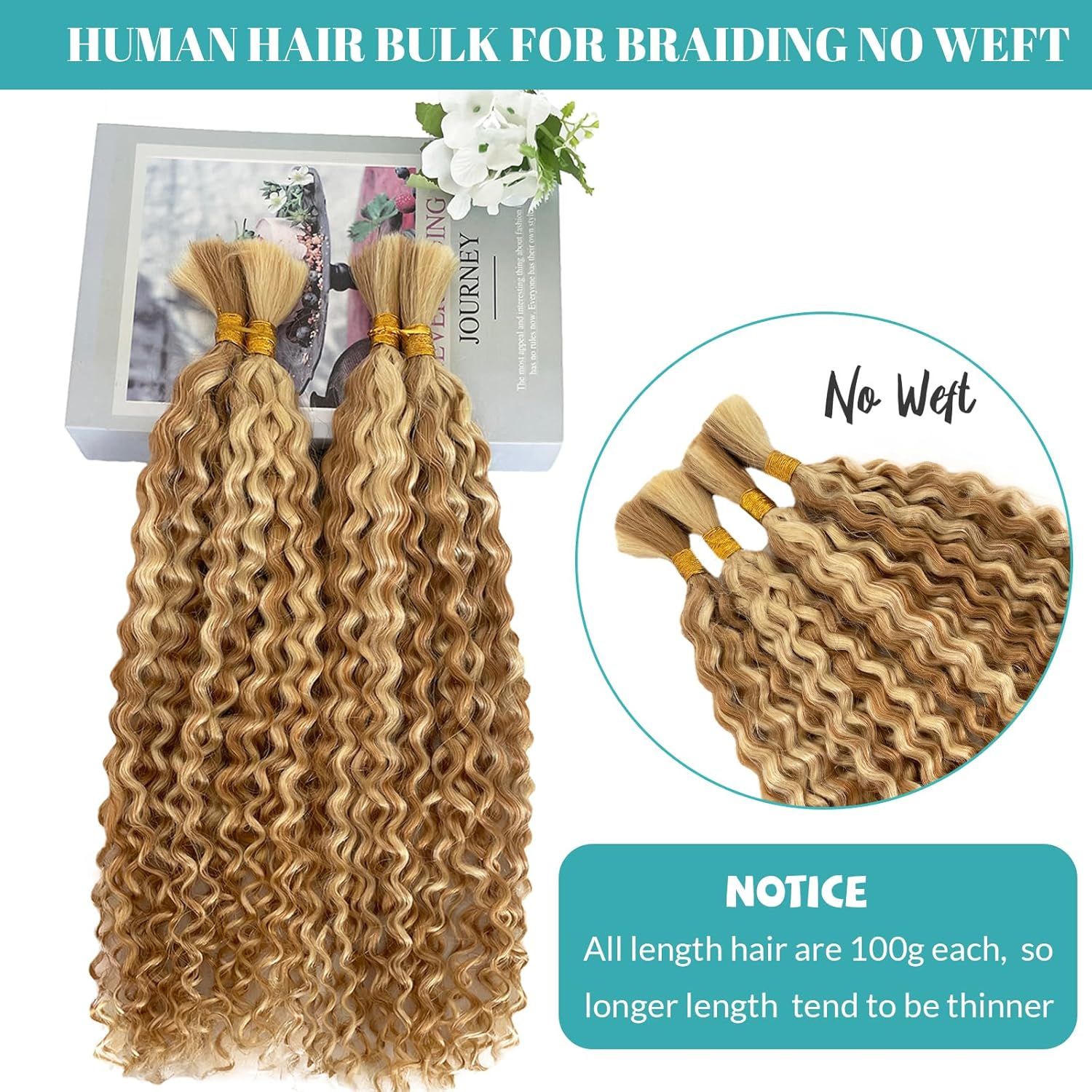 Blonde Curly Human Boho Braids 12Inch Water Wave Bulk Human Hair for Braiding 100g 2 Bundle/Pack No Weft Ombre Blonde 613 Human Hair Bundles Micro Human Braiding Hair for Boho Braids
