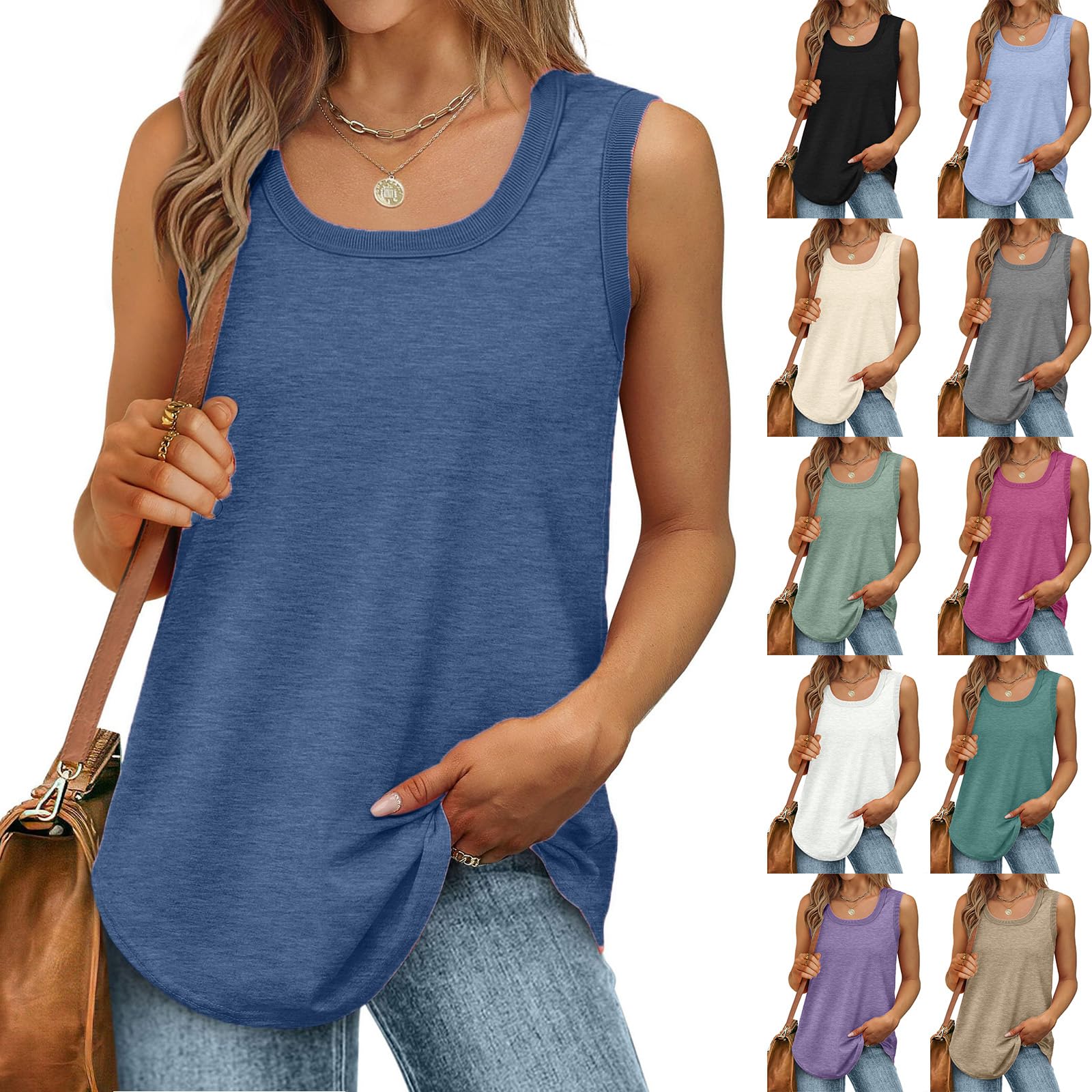 Tank Tops for Women 2024 Summer T Shirts Sleeveless Casual Loose Tunic Blouses Scoop Neck Curved Hem Shirt