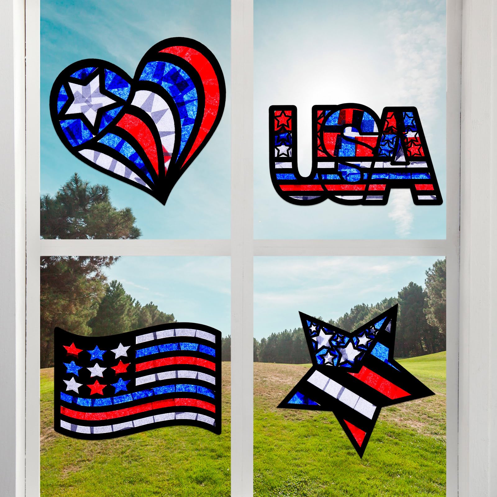 Yeaqee 24 Pack DIY Suncatcher Paper Crafts Stained Glass Effect Paper Suncatchers, 700 Tissue Papers, Window Art Arts and Crafts for Party Favors Toys(Patriotic)