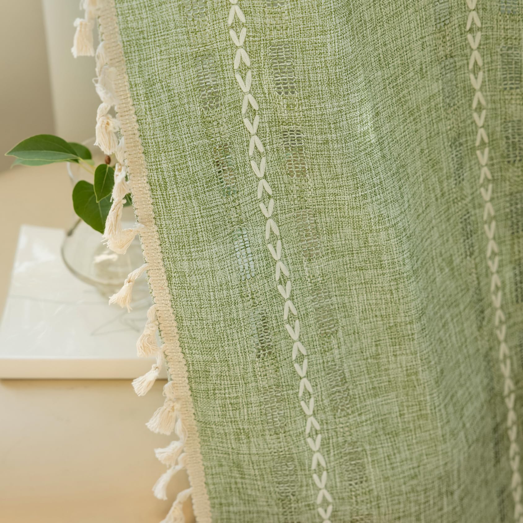 Deeprove Boho Curtain 63 inches Length for Living Room Bedroom Nursery, Retro Casual Bohemian Sheer 63 inches Long Stripe Embroidery Privacy Window