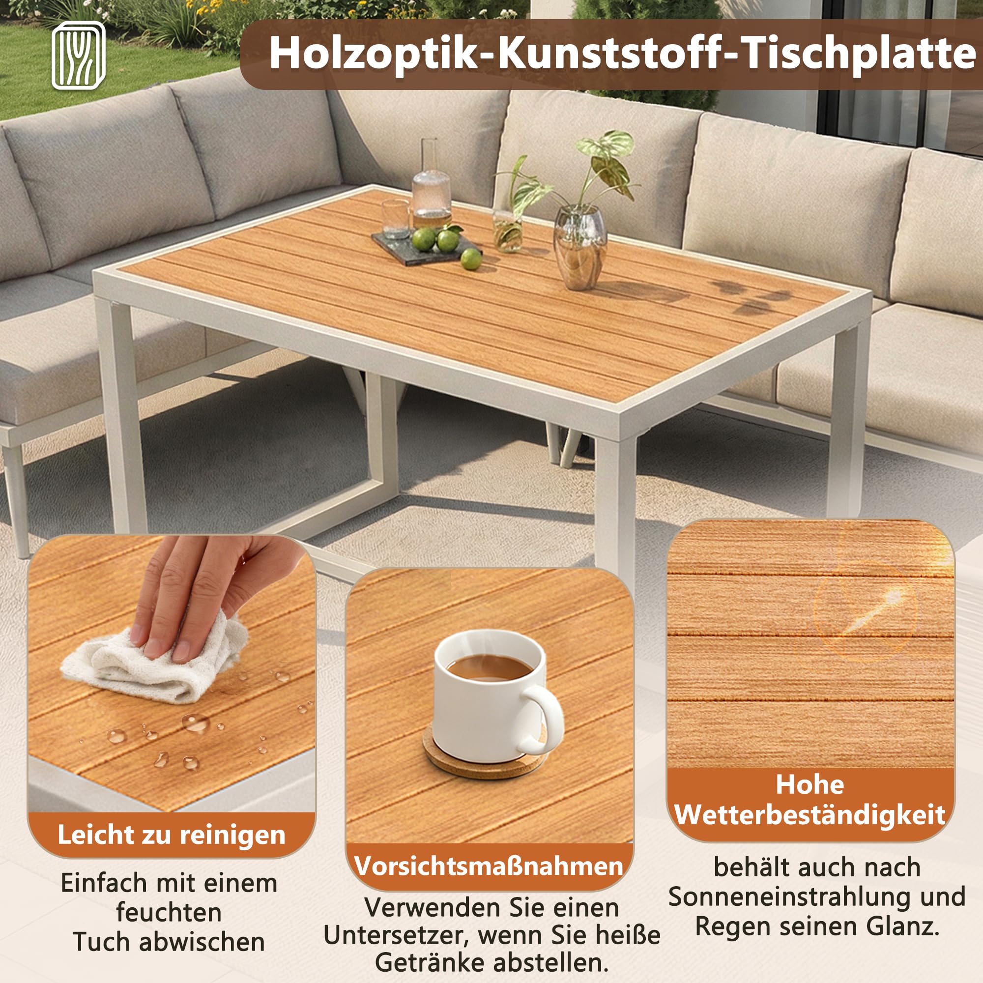 Gartenmöbel Set, L-förmiges Gartenmöbel Lounge, Geeignet für 7 Personen, mit Geflochtenen Armlehnen, Terrassenmöbel Wetterfest Eckgarnitur aus Eisen, Mit Polstern & Kissen, Balkonmöbel, Beige