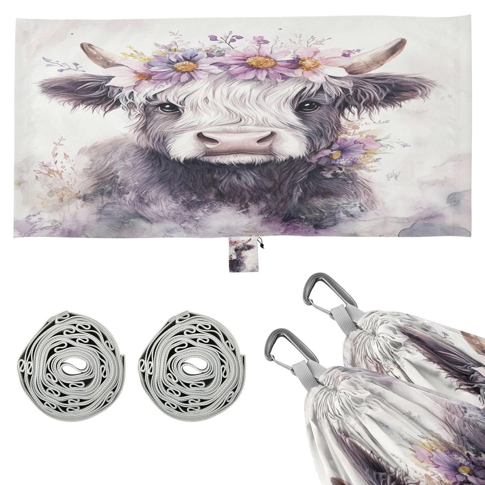 Haskirky Cow Flowers Camping Hammock, Single Portable Hammocks with Tree Straps & Attached Carry Bag, 330Lbs Capacity Perfect for Outside Indoor Hiking Beach Backpack Travel