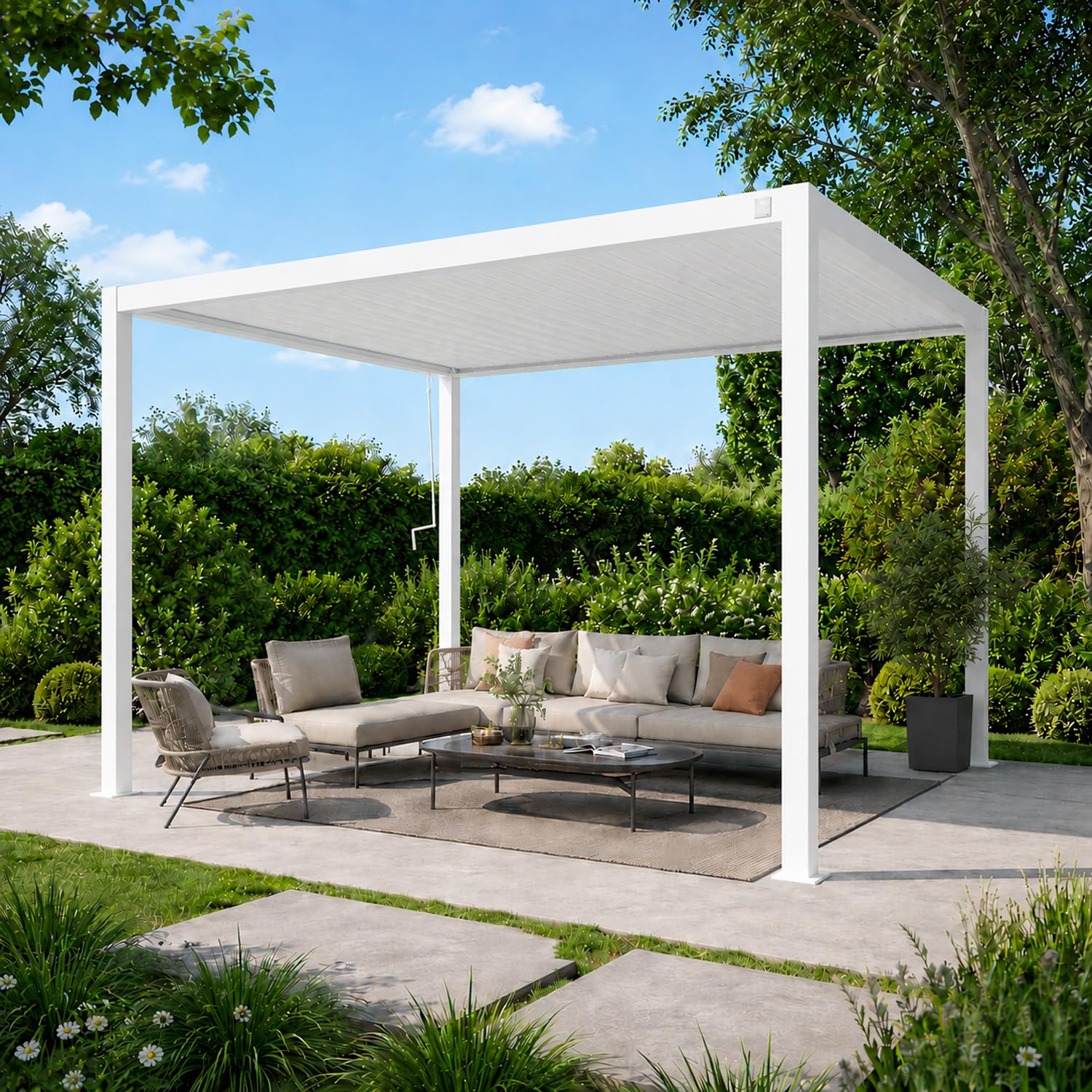 Pergola Bioclimatica 3x4 Metri Gazebo Con Tetto A Lamelle Orientabili Sistema Di Drenaggio Struttura In Alluminio E Acciaio Resistente Ai Raggi UV Per Esterni Bianco Opaco
