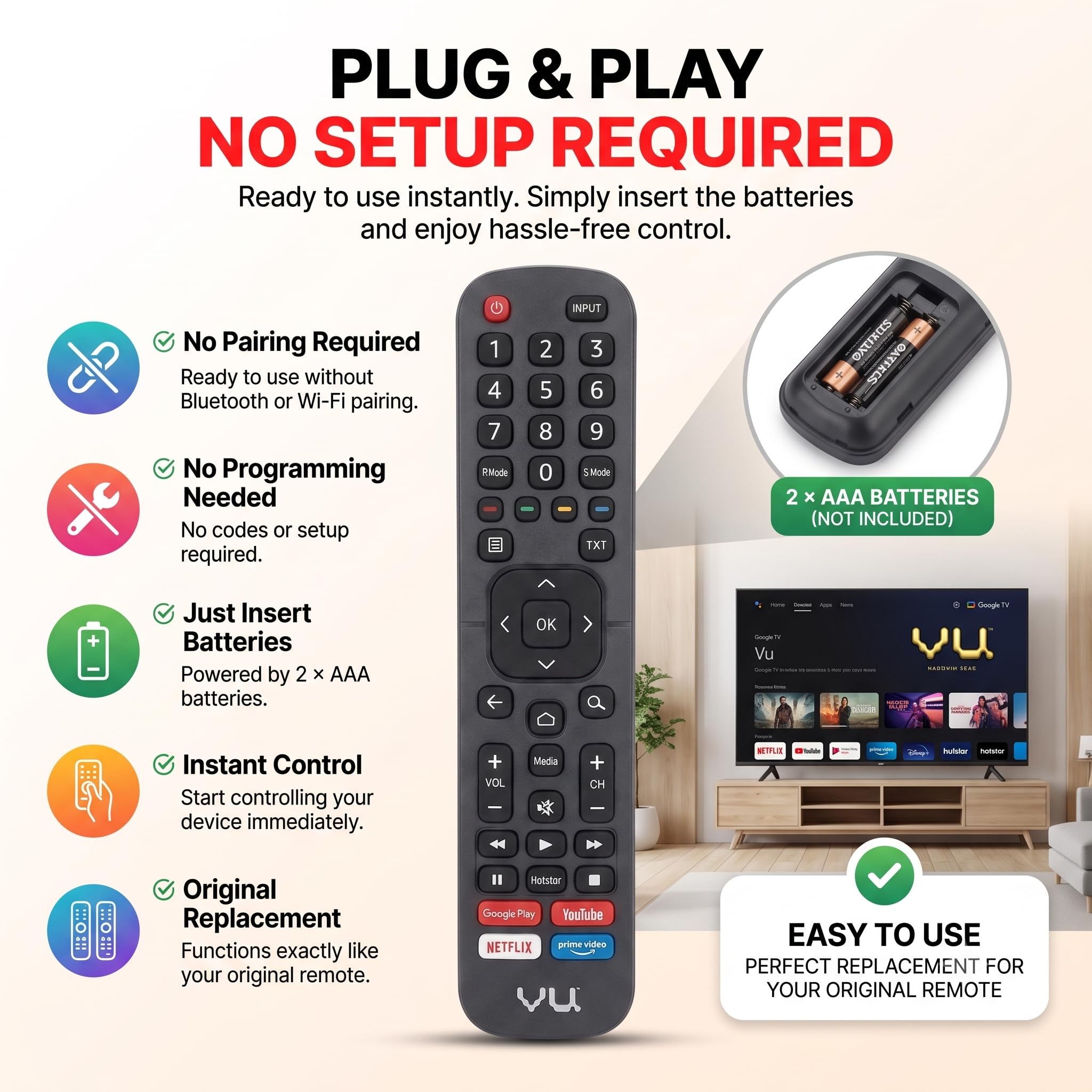 K2 Remotes Compatible for VU Smart TV Remote – Replacement for EN2BX27V & EN2BY27V Models | Works with VU 32US & 43US LED FHD Android TVs | Non Voice IR Remote | Exact Match Required — Amazon image 5