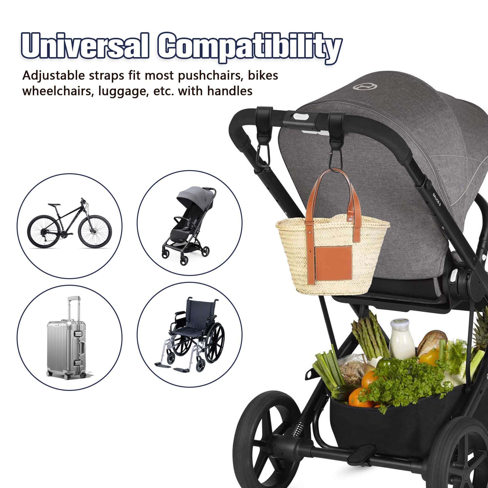 2 Pezzi Ganci per Passeggino, Moschettoni per Carrozzina Universali in Pelle, Accessori Passeggino per Porta Borse Della Spesa, Cambio Bambino, Zaini, Mamma Pannolino Borsa (Nero)
