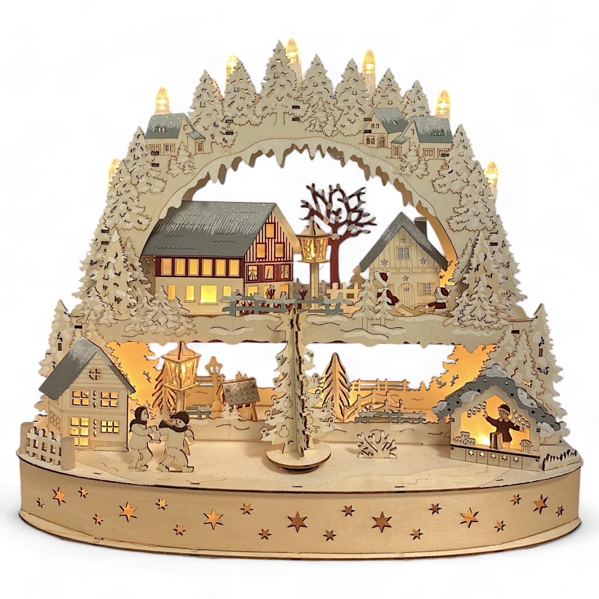 Wichtelstube-Kollektion XXL LED Schwibbogen Weihnachtsdorf, Lichterbogen mit Podest mehrere Ebenen und Bewegung Schwippbogen mit drehenden Weihnachtsbaum Echtholz