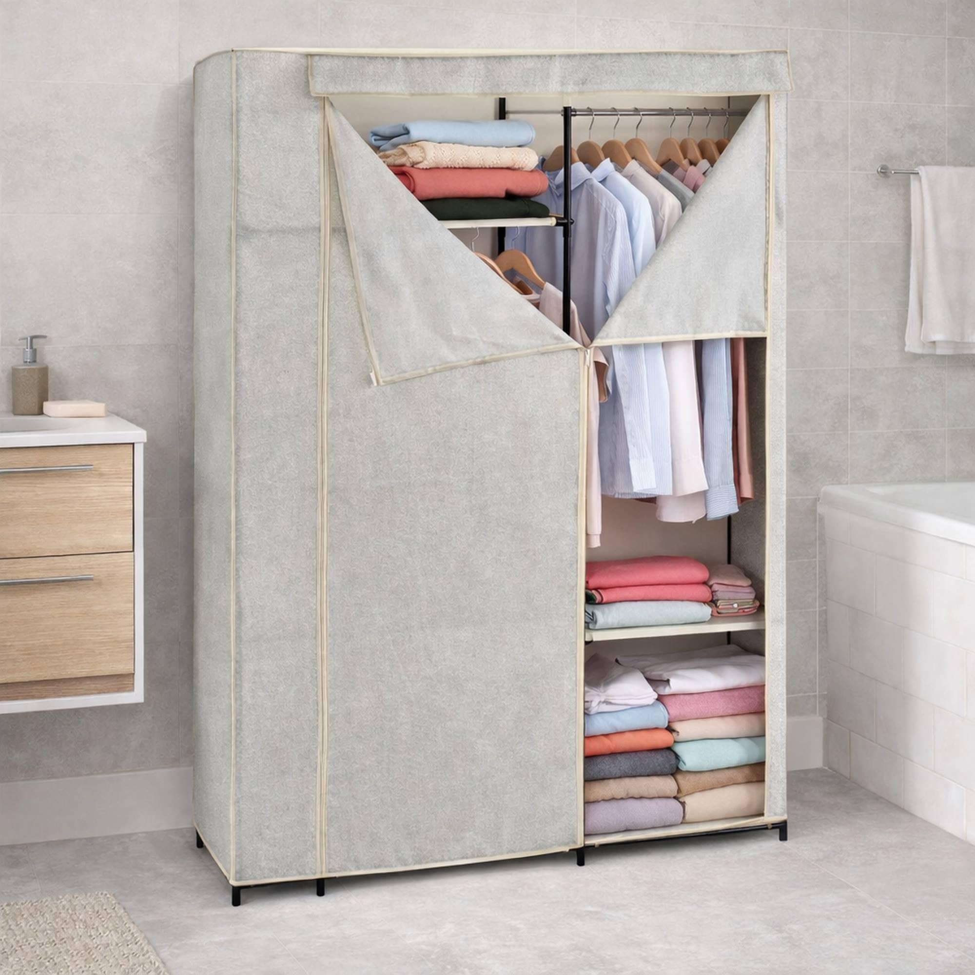 Well Home Armario de Tela Plegable XL con Barra para Colgar Ropa - 110x174,5x45 cm