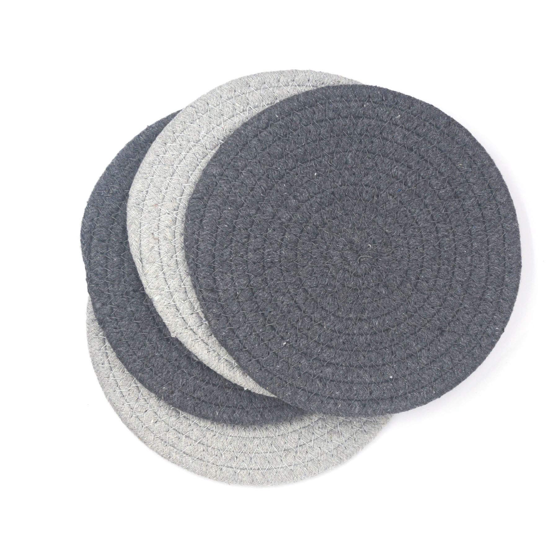 SCF2017 Round Cotton Rope Placemats Heat-Resistant 18cm Small Table Mats Coasters,Set of 4,Light Gray + Dark Gray — image 1