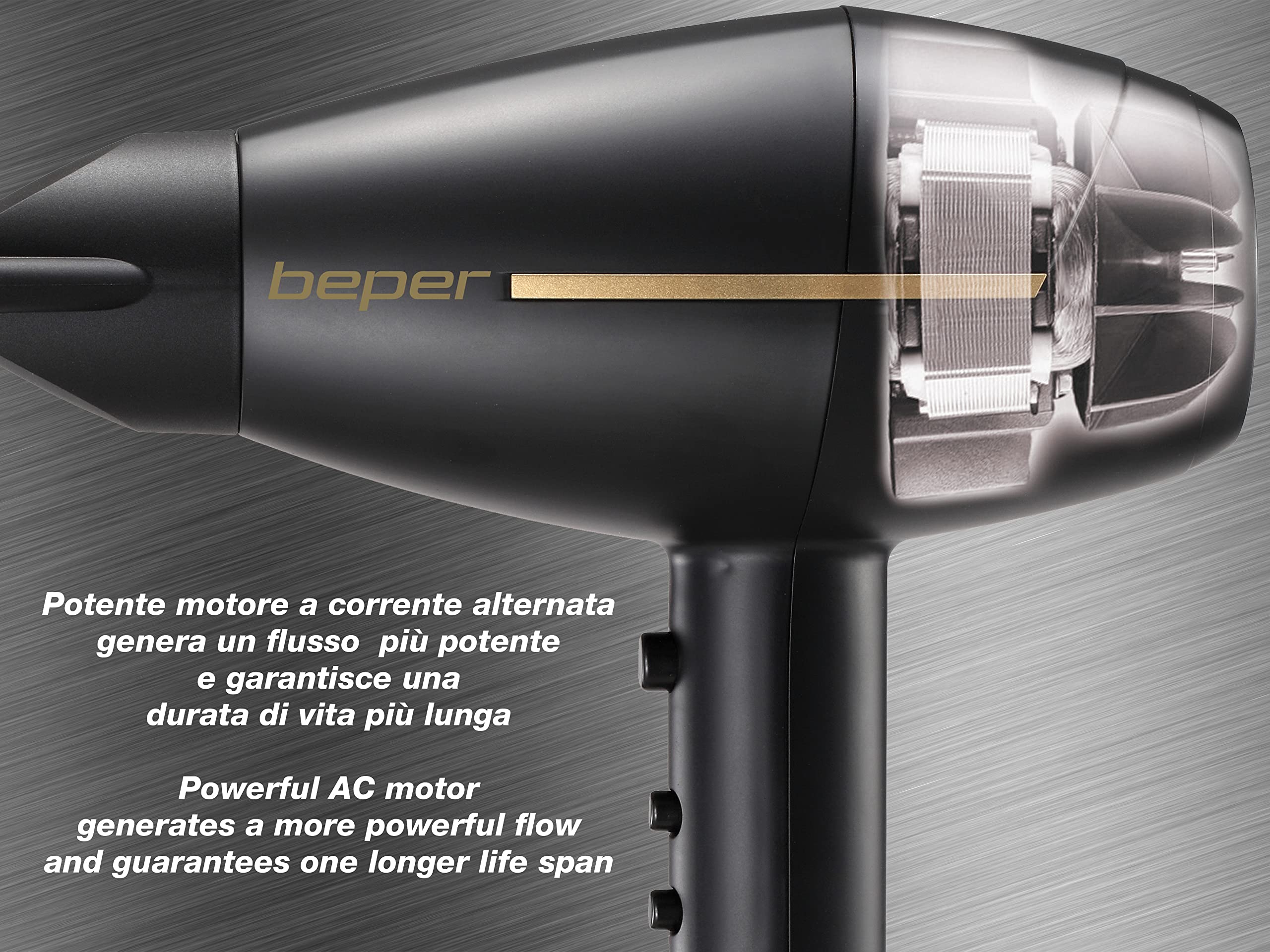 BEPER 40.406 Professioneller Haartrockner mit Ac-Motor, 2 Geschwindigkeiten und 3 Temperaturen, Heiß- und Kaltluftmodi, Leistung 2400W - Schwarz/Gold
