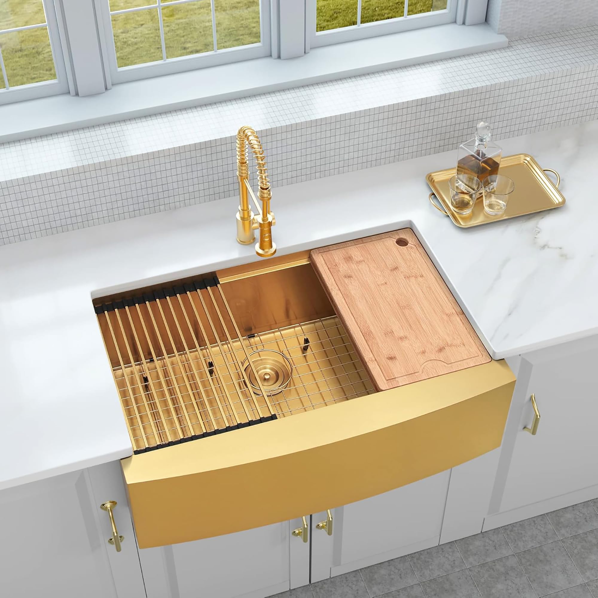 33 Inch Gold Farmhouse Kitchen Sink, 33 x 20 Farm Sink, 33" x 20" x 10" Large and Deep Single Bowl Kitchen Sinks, 16 Gauge Stainless Steel Farm house Apron Front Sinks With Gold Accessories