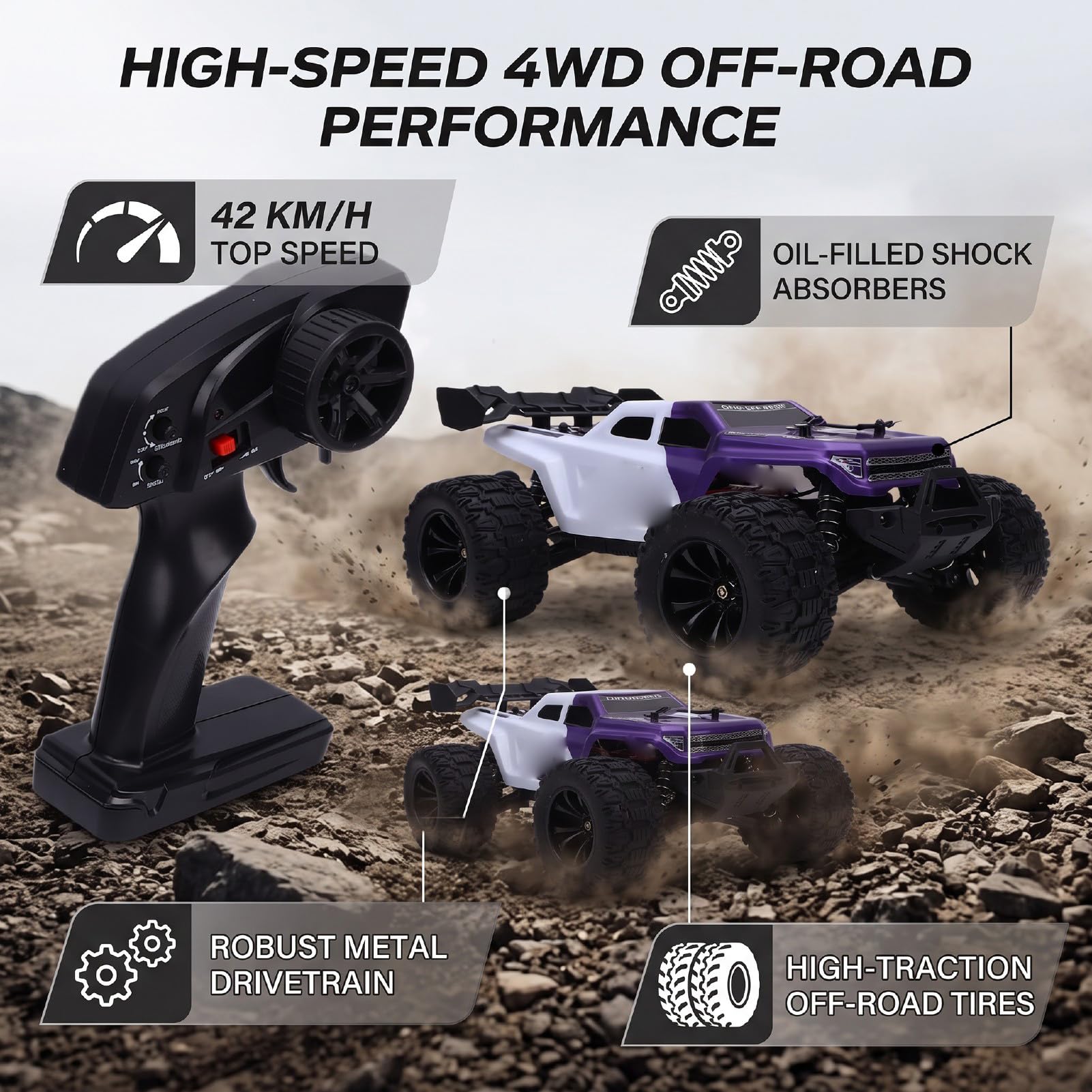 Buggy RC à L'échelle 1:14, Voiture RC Rapide 42 Km/h (Purple)