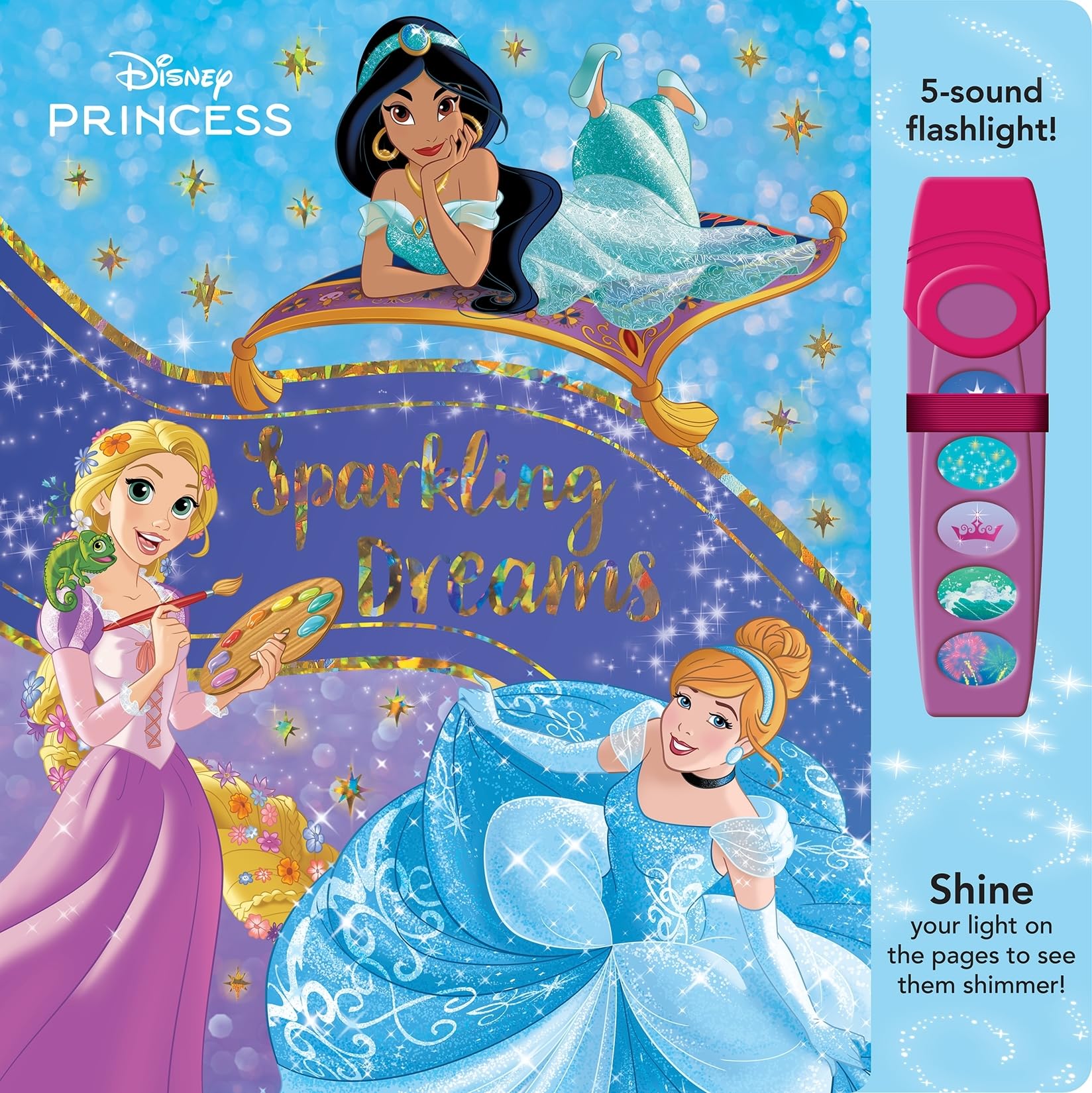 Disney Princess Tiana, Moana, Rapunzel, Cinderella, and Jasmine: Sparkling Dreams Sound Book - Includes a Real Working Flashlight! - PI Kids