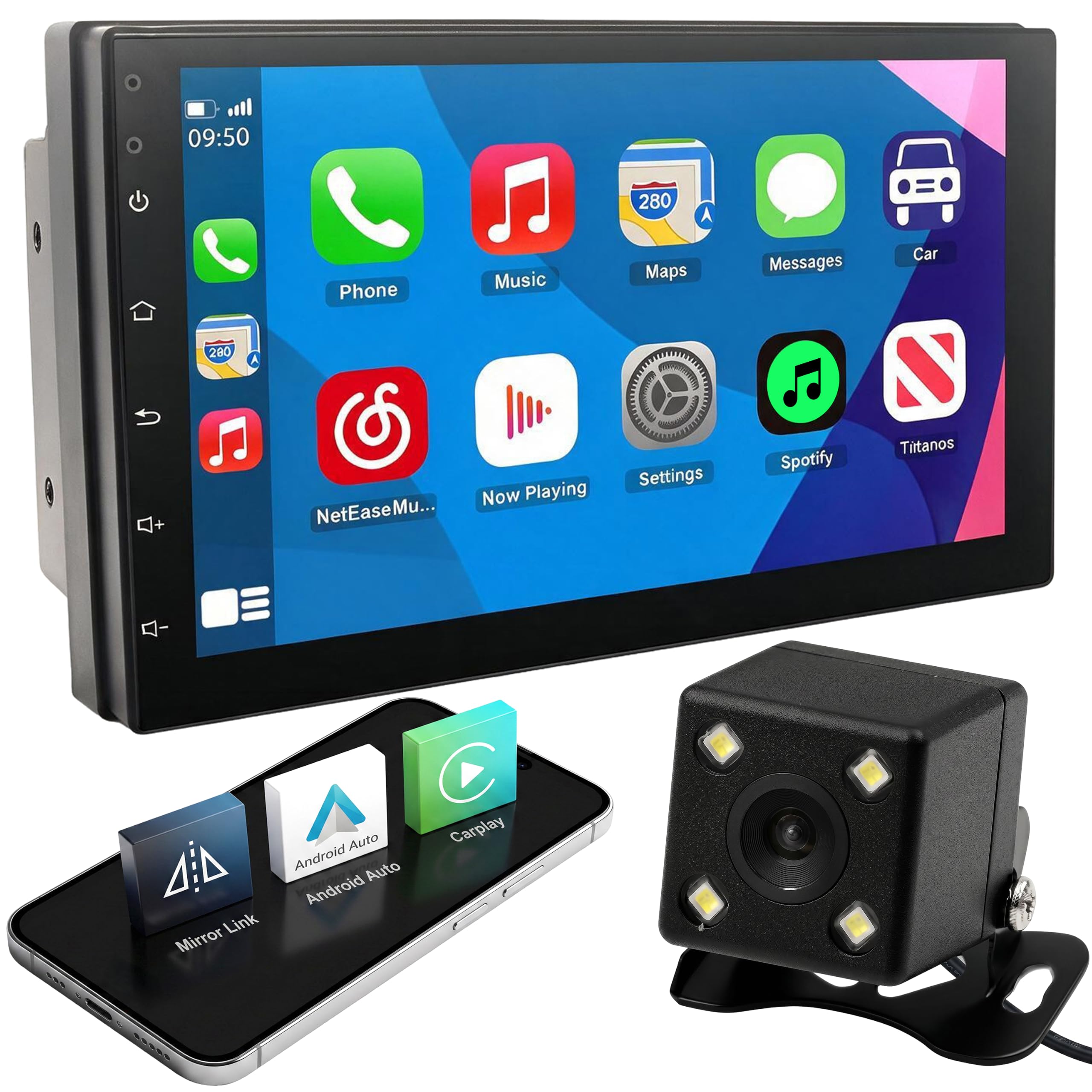 Retoo Radio Bluetooth samochodowe z kamerą parkingową, 7-calowy ekran dotykowy 1024x600, 4x45W, WiFi, RDS, FM, podwójne USB, 1GB RAM, wideo 1080p, funkcja głośnomówiąca