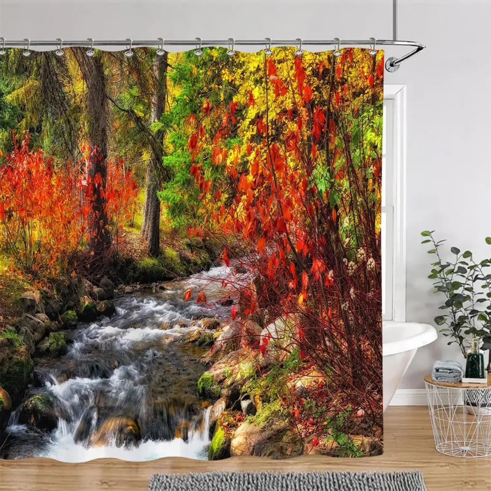 Rideau de douche 130x200 en tissu lavable avec feuilles rouges et paysage de forêt d'automne