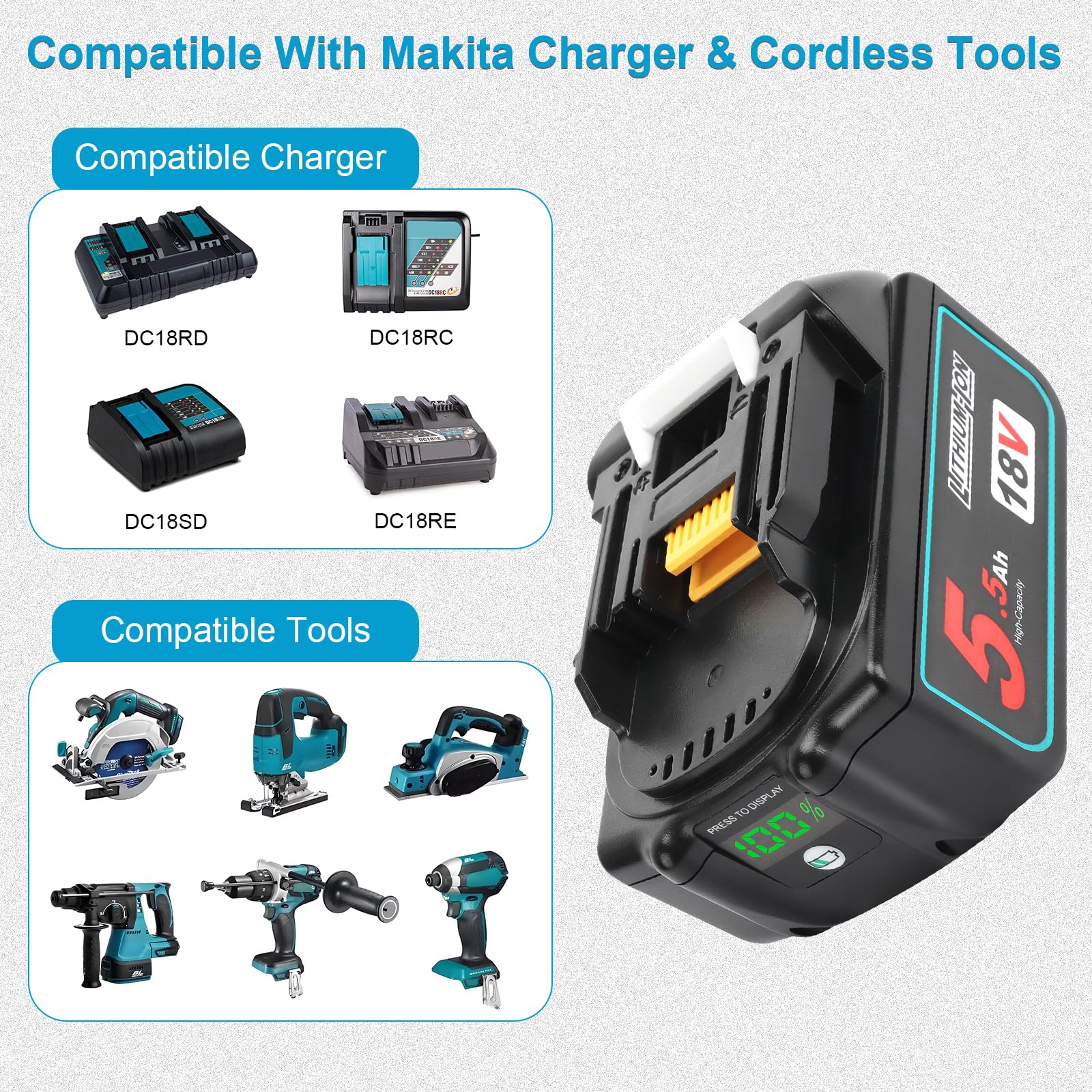QUPERR Lot de 2 batteries de rechange 5500 mAh pour Makita 18 V - Haute capacité - Compatible avec batterie Makita Lithium-Ion LXT - Compatible avec les outils sans fil BL1850 BL1850B BL1840 BL1830