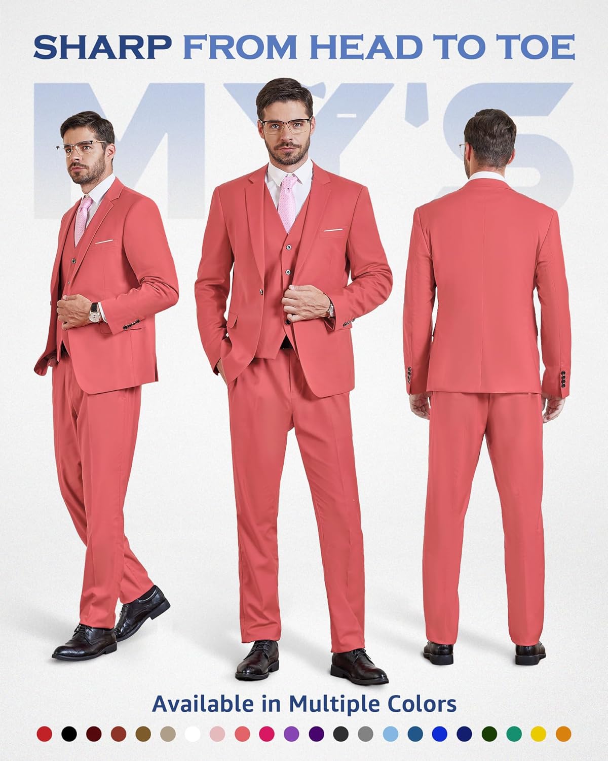 MY'S Men's 3 Piece Slim Fit Suit Set, One Button Solid Jacket Vest Pants... - Picture 8 of 138