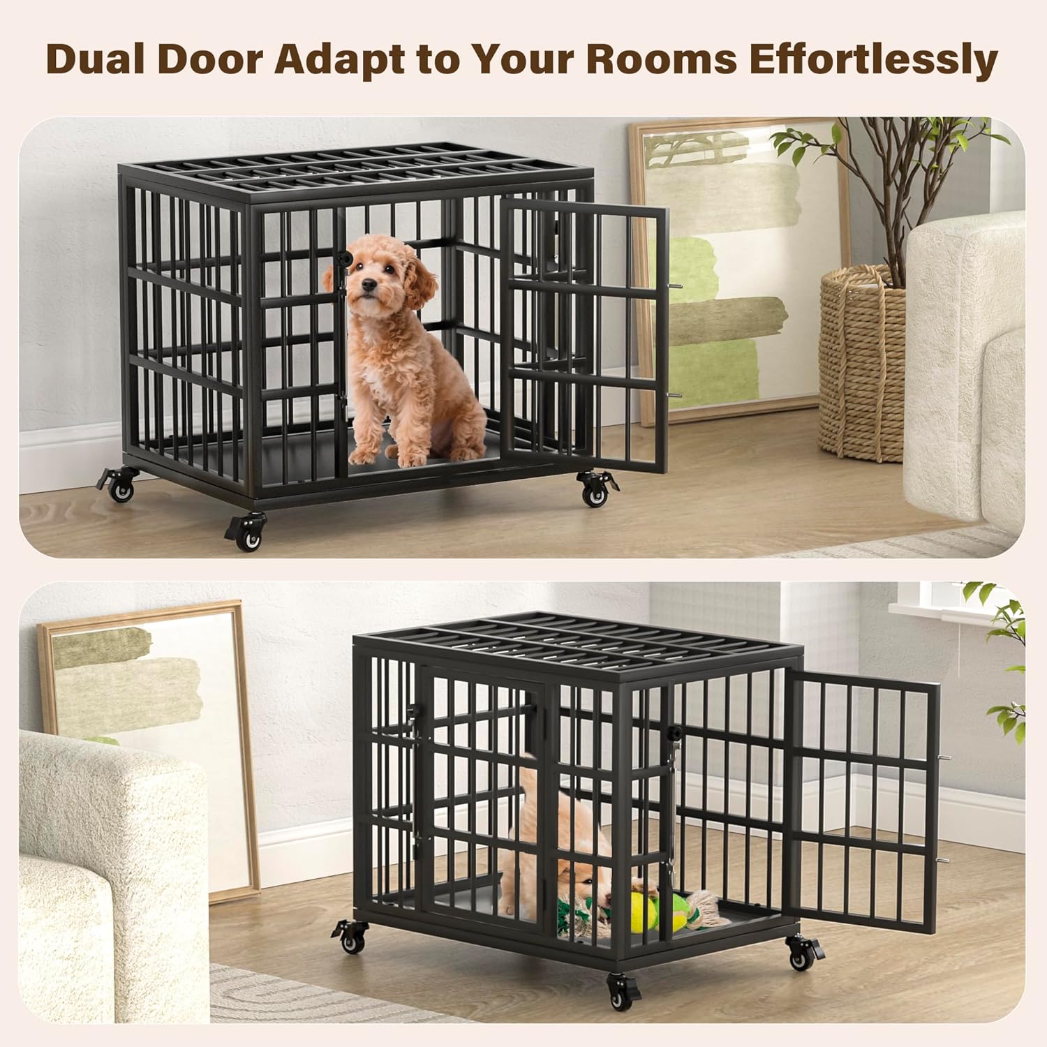 VERIFURTY 24 Inch Heavy Duty Dog Crate for Small Dogs with Self-Locking Latch, Escape-Proof Steel Kennel Indoor, Double Door Metal Pet Cage with Wheels and Removable Floor