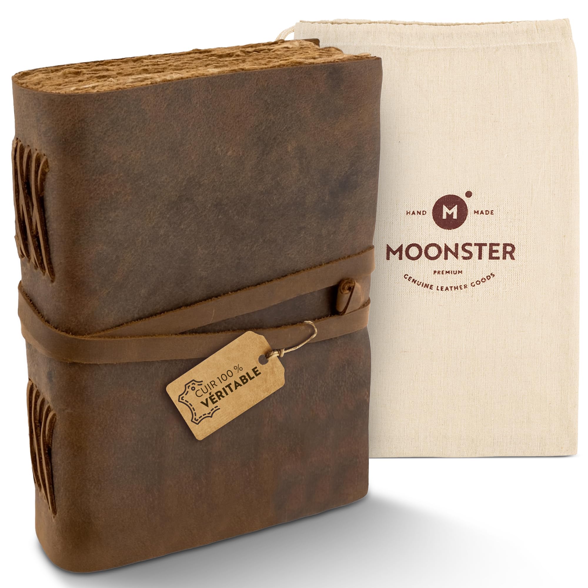 Moonster® Journal Vintage, 240 Pages de Papier de Coton, Journal Intime en Cuir Vierge, Journal d'Art Antique Fait à la Main, Carnet de Notes de Style Ancien, Carnet de Croquis 20x15 cm