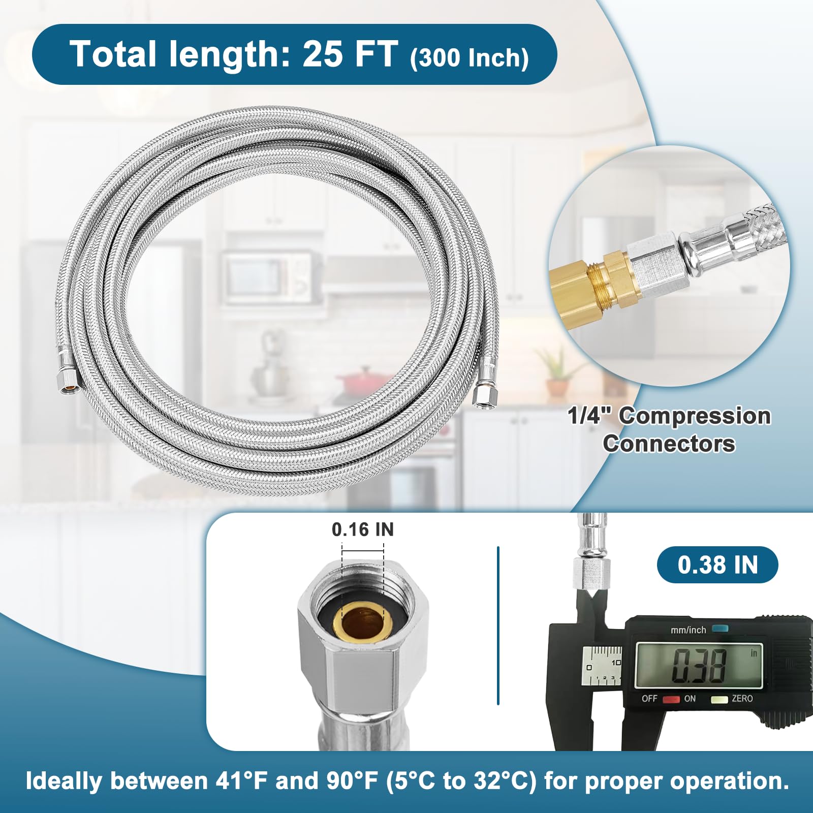 Linea dell'acqua universale per frigorifero da 6,5 m, con raccordo da 0,6 cm, tubo flessibile in acciaio inox intrecciato per macchina del ghiaccio per frigorifero Cenipar