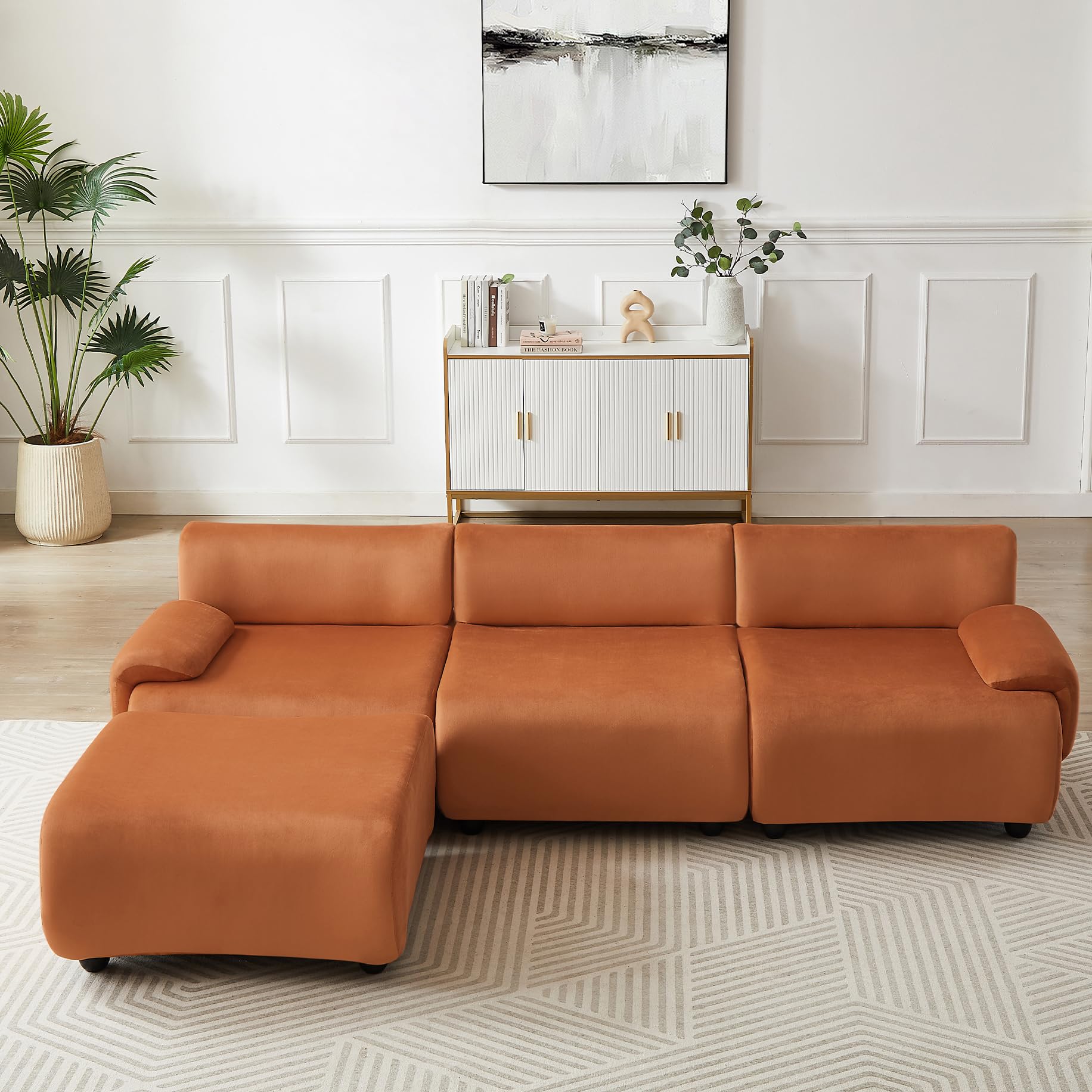 GNIXUUModular Sectional Sofa, 96" Convertible L Shaped Couch with Moable Ottoman & Comfy Armrest, Modern Curved Cloud Couches for Living Room, Orange velvet