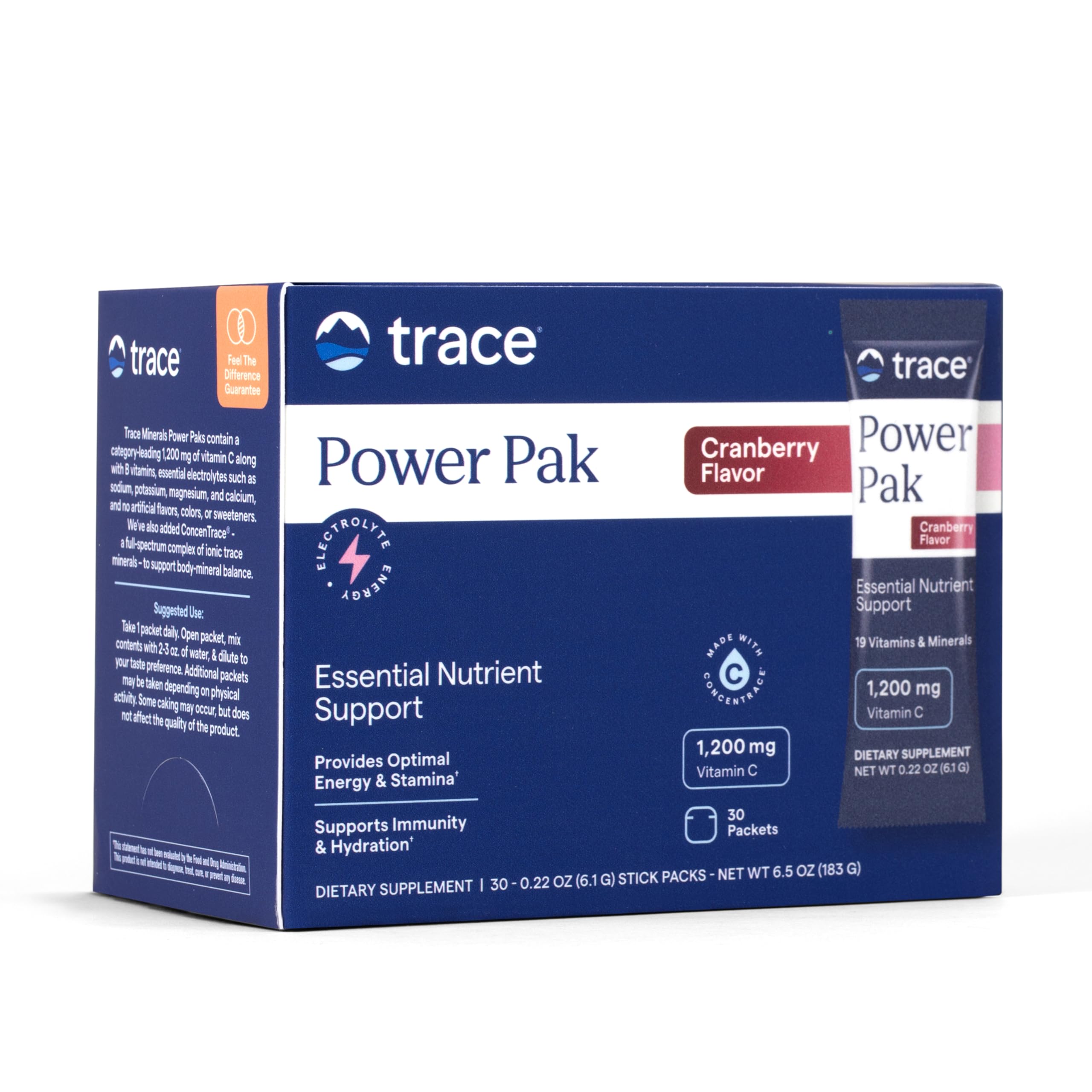 Trace Minerals Power Pak Multivitamin and Multimineral Packets - Electrolyte Support - 1200 mg Vitamin C plus 70+ Trace Minerals - Cranberry Flavor - 30 Packets
