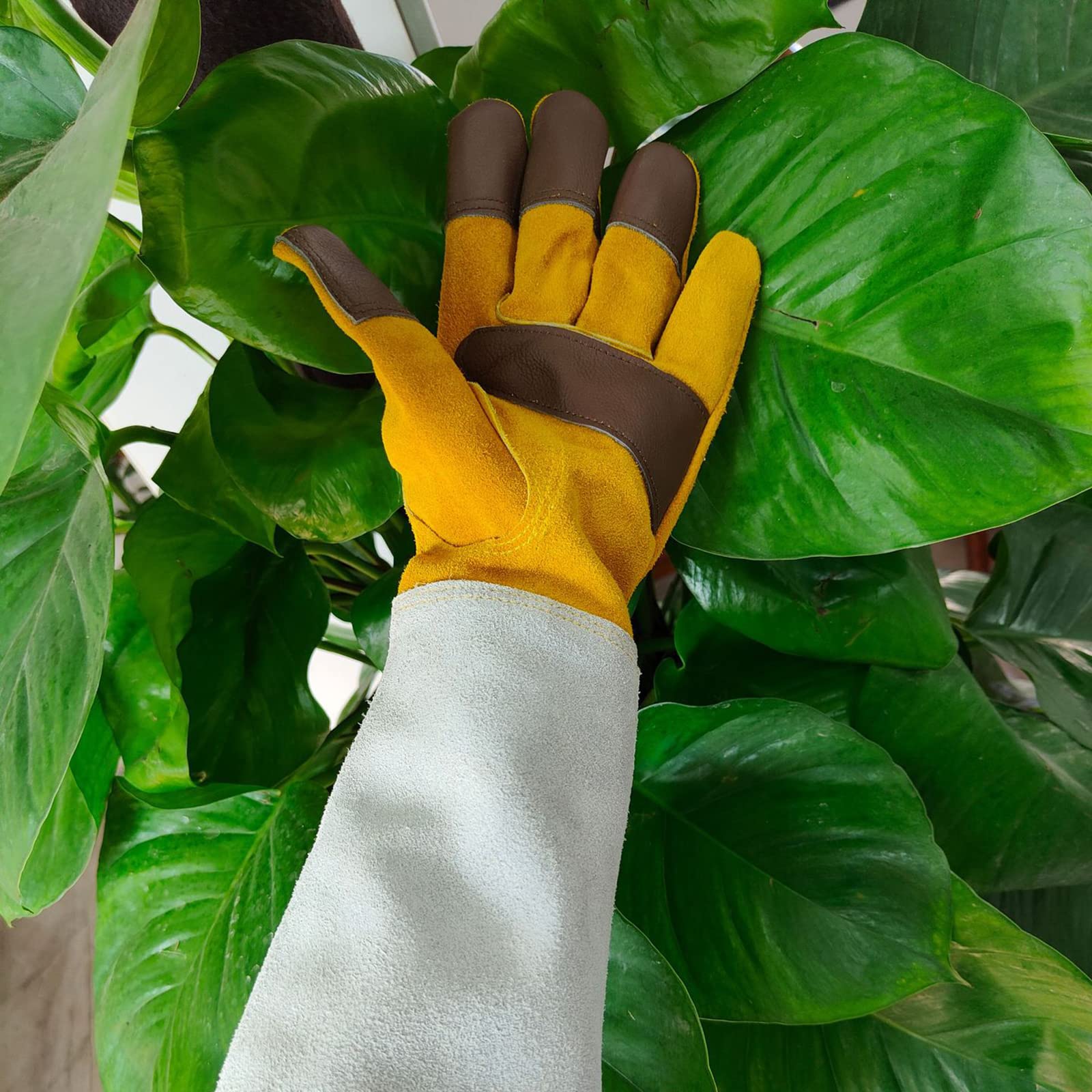 Leder Handschuhe mit Extra Langem Unterarm Schaft Arbeitshandschuhe Verstellbarer Handgelenk Gartenhandschuhe Dornensichere und Stichfeste